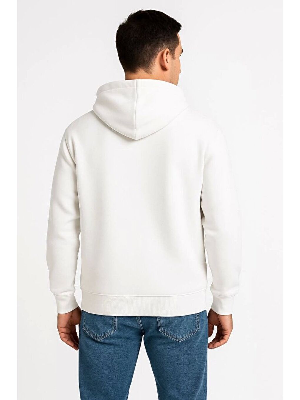 Erkek Üç İplik Kapüşonlu Tam Fermuarlı Kanguru Çepli SweatShirt Hoodie - Beyaz-1