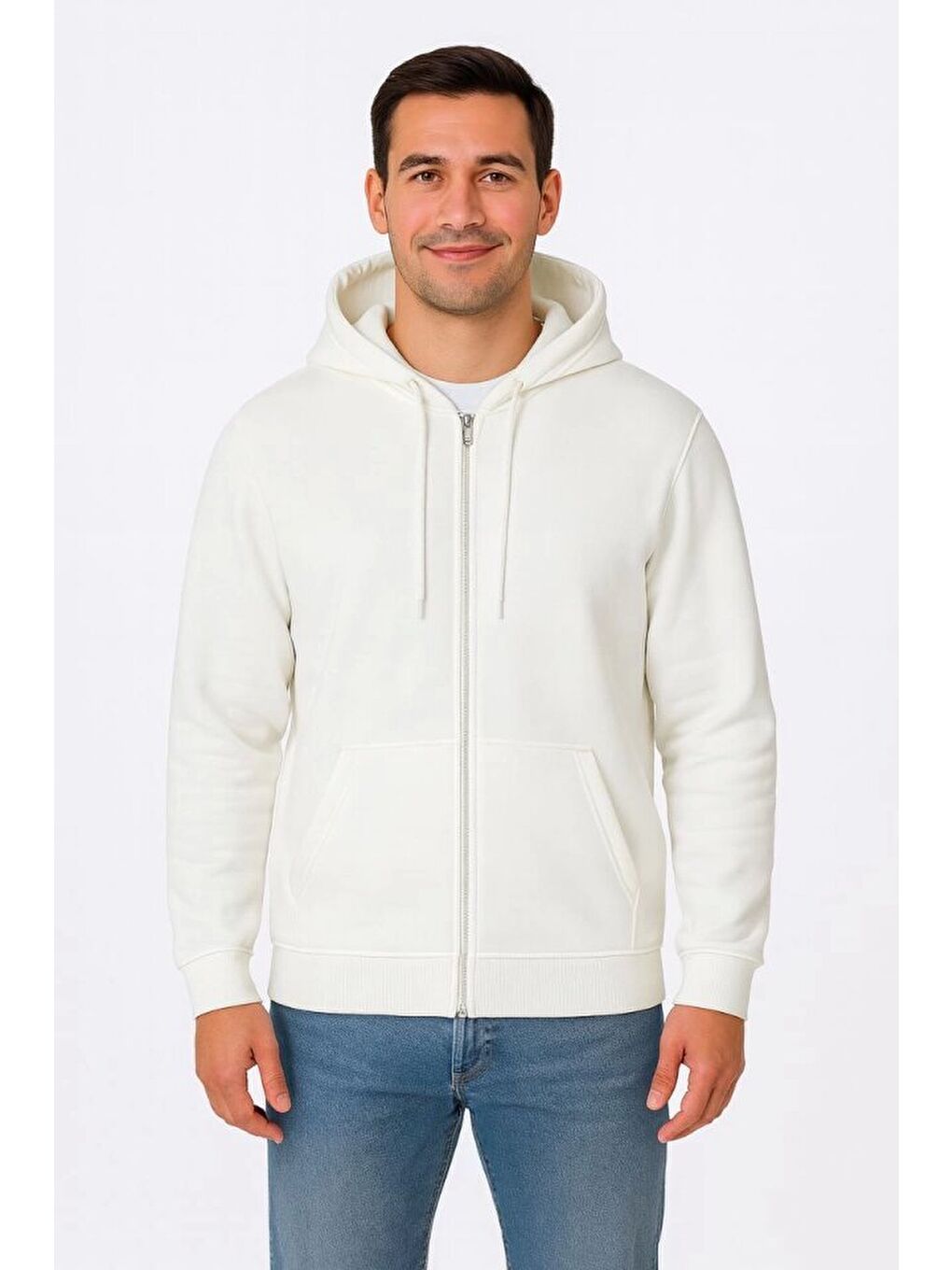Erkek Üç İplik Kapüşonlu Tam Fermuarlı Kanguru Çepli SweatShirt Hoodie - Beyaz-2