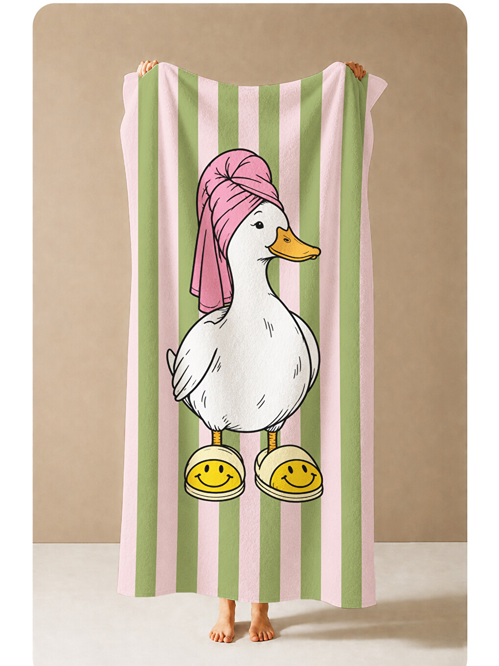 Pop Art Pembe Türbanlı Kaz Çizgili Eğlenceli Desenli 70x150 Plaj Havlusu - Pamuklu Banyo Havlusu-1