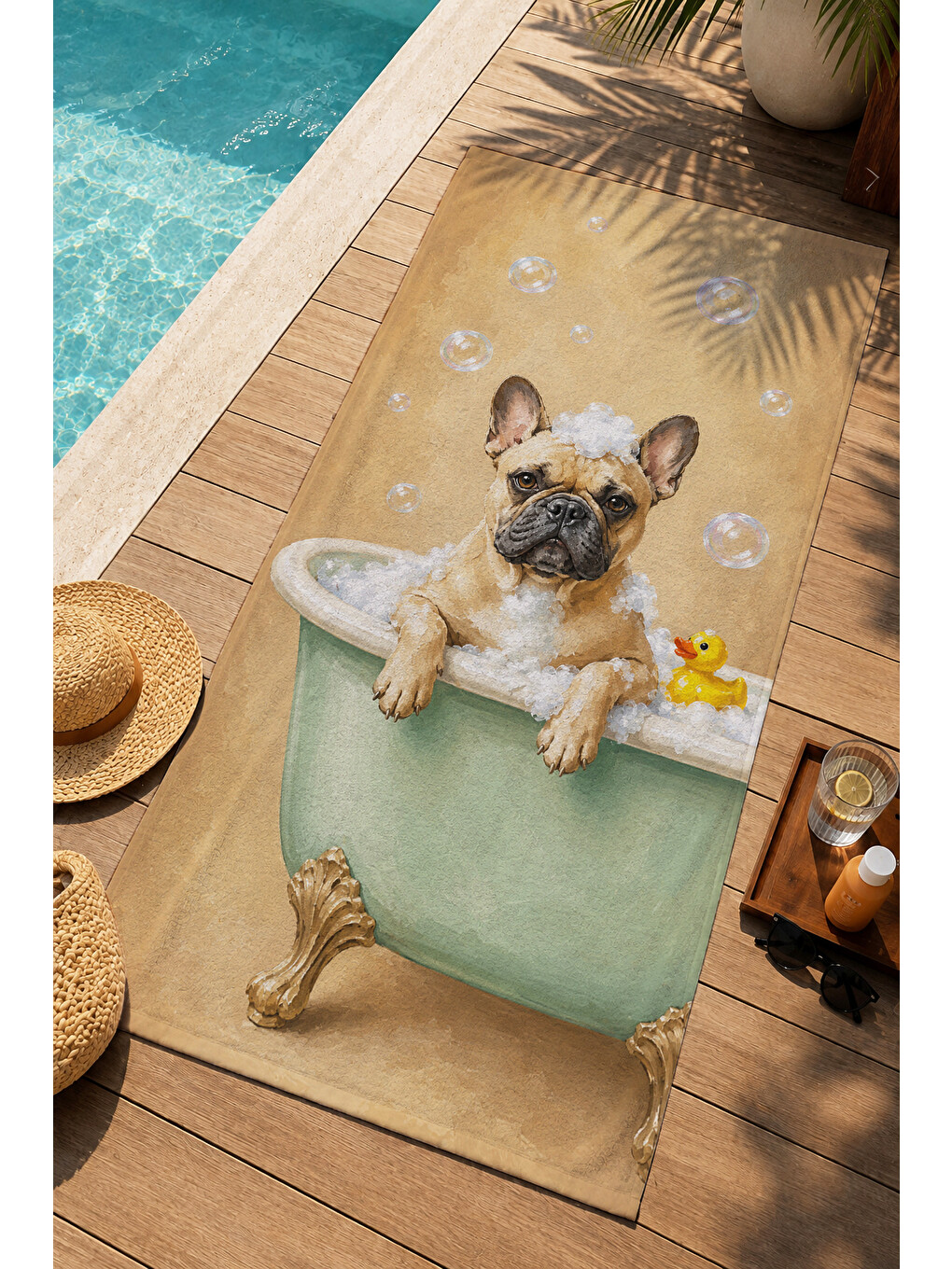 Mavi Sevimli Banyodaki Köpek Ve Köpük Desenli 70x150 Plaj Havlusu - Dijital Baskılı Solmaz Banyo Havlusu-3