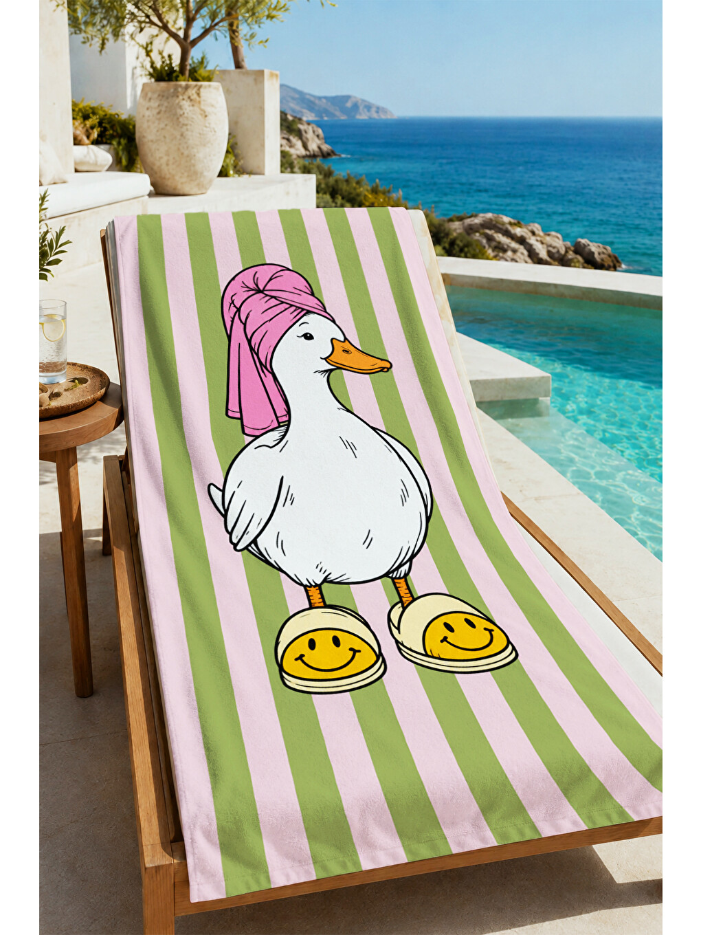Pop Art Pembe Türbanlı Kaz Çizgili Eğlenceli Desenli 70x150 Plaj Havlusu - Pamuklu Banyo Havlusu-3