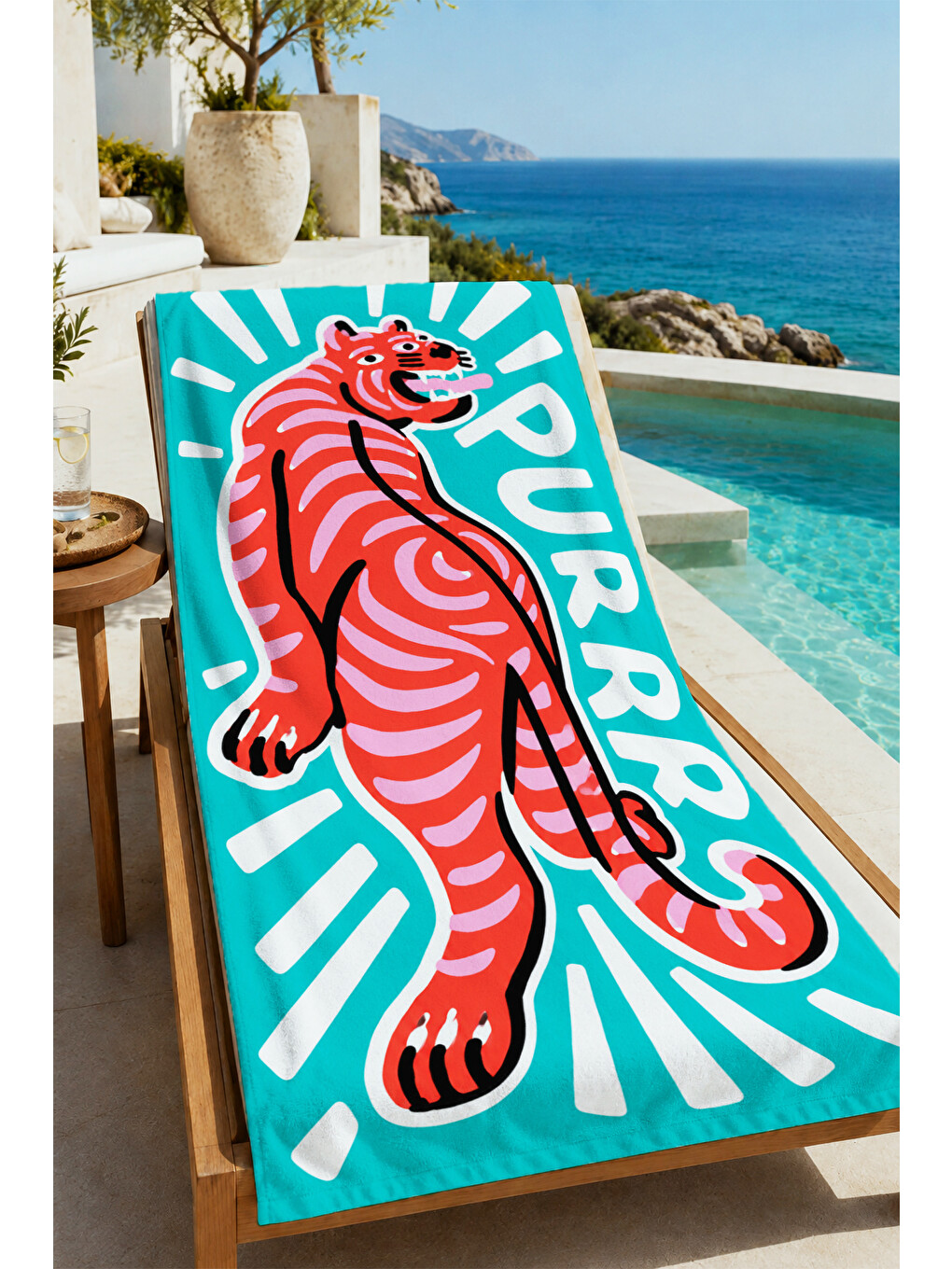 Retro Purr Yazılı Turuncu Kaplan Desenli 70x150 Plaj Havlusu - Dijital Baskılı Solmaz Banyo Havlusu-1