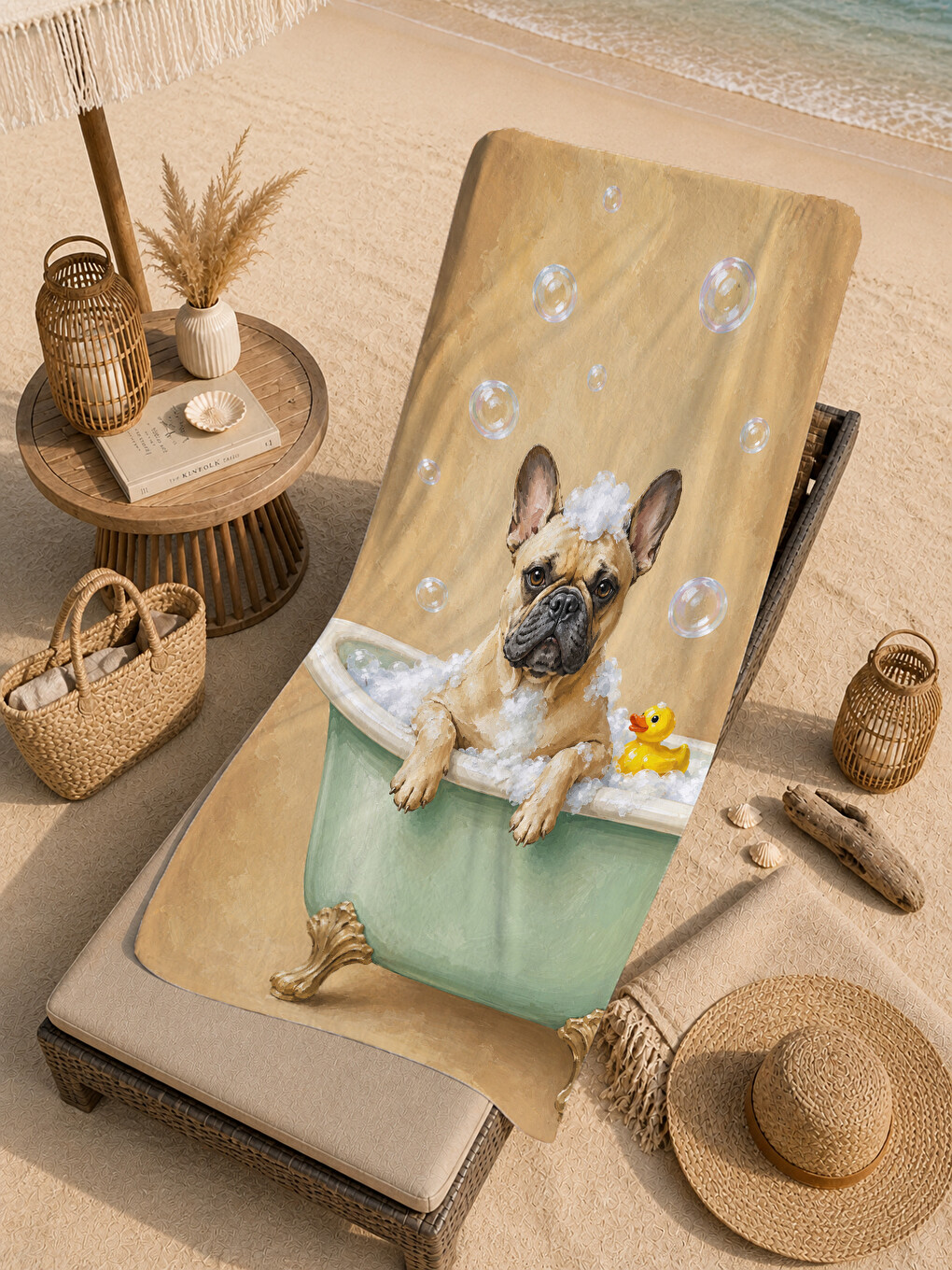 Mavi Sevimli Banyodaki Köpek Ve Köpük Desenli 70x150 Plaj Havlusu - Dijital Baskılı Solmaz Banyo Havlusu-4