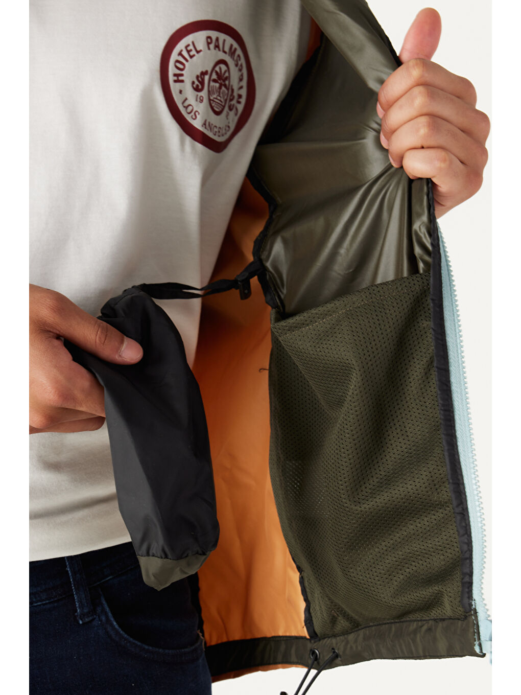 Erkek Haki-Mavi Standart Fit Normal Kesim Kapüşonlu Desenli Mont-4