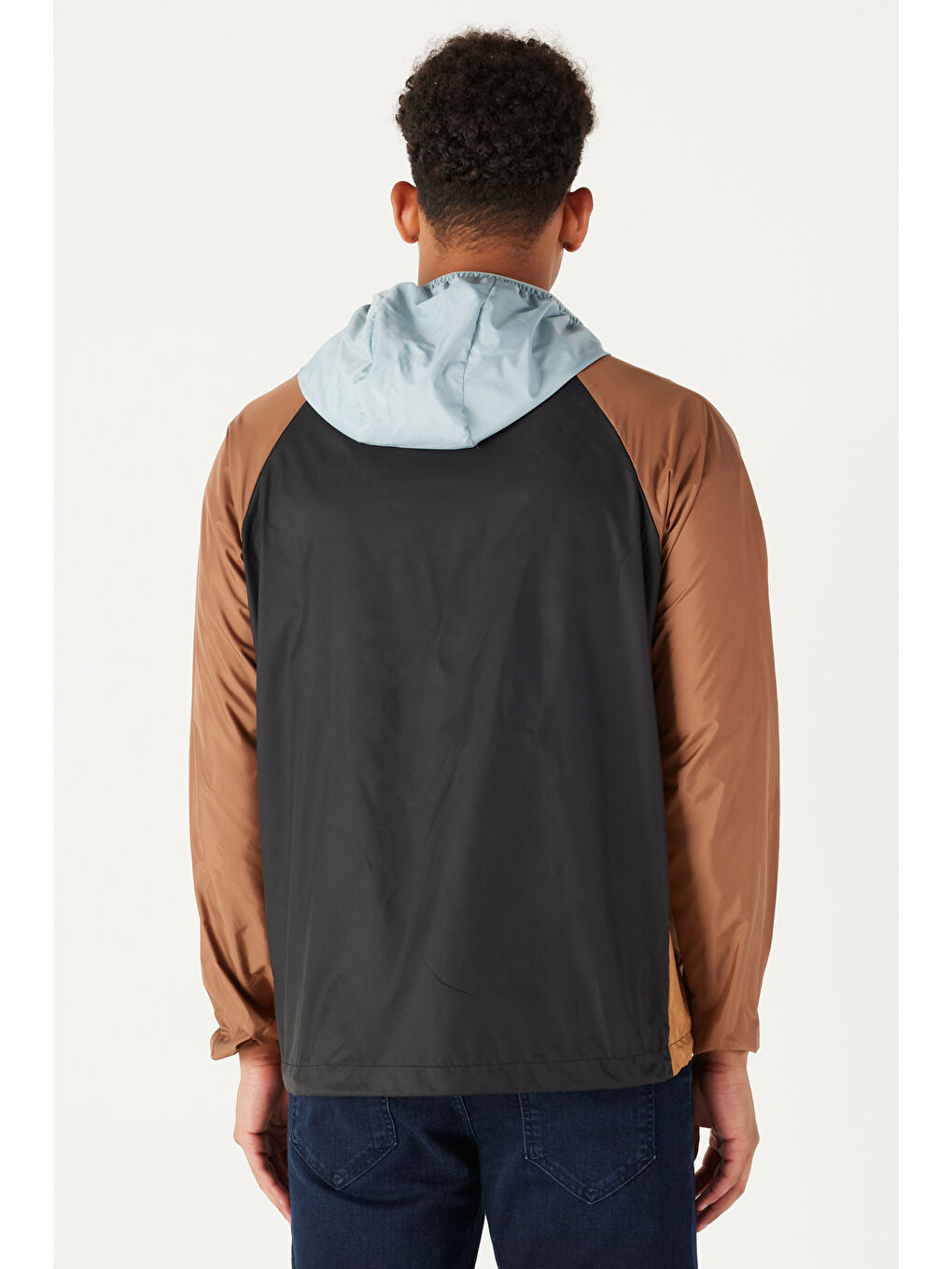 Erkek Haki-Mavi Standart Fit Normal Kesim Kapüşonlu Desenli Mont-5