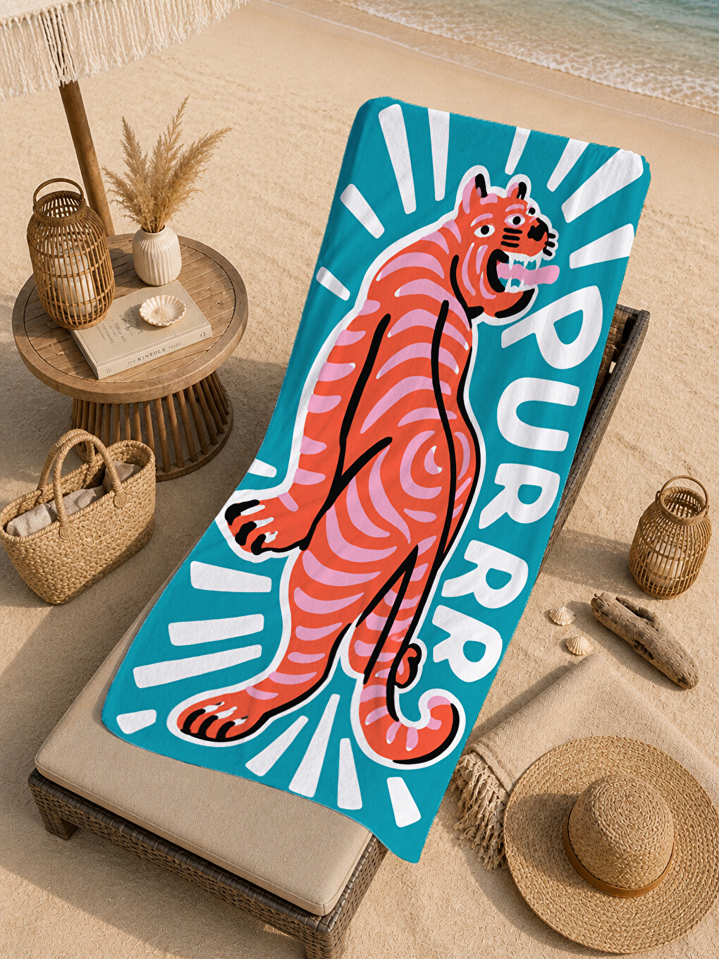 Retro Purr Yazılı Turuncu Kaplan Desenli 70x150 Plaj Havlusu - Dijital Baskılı Solmaz Banyo Havlusu-3
