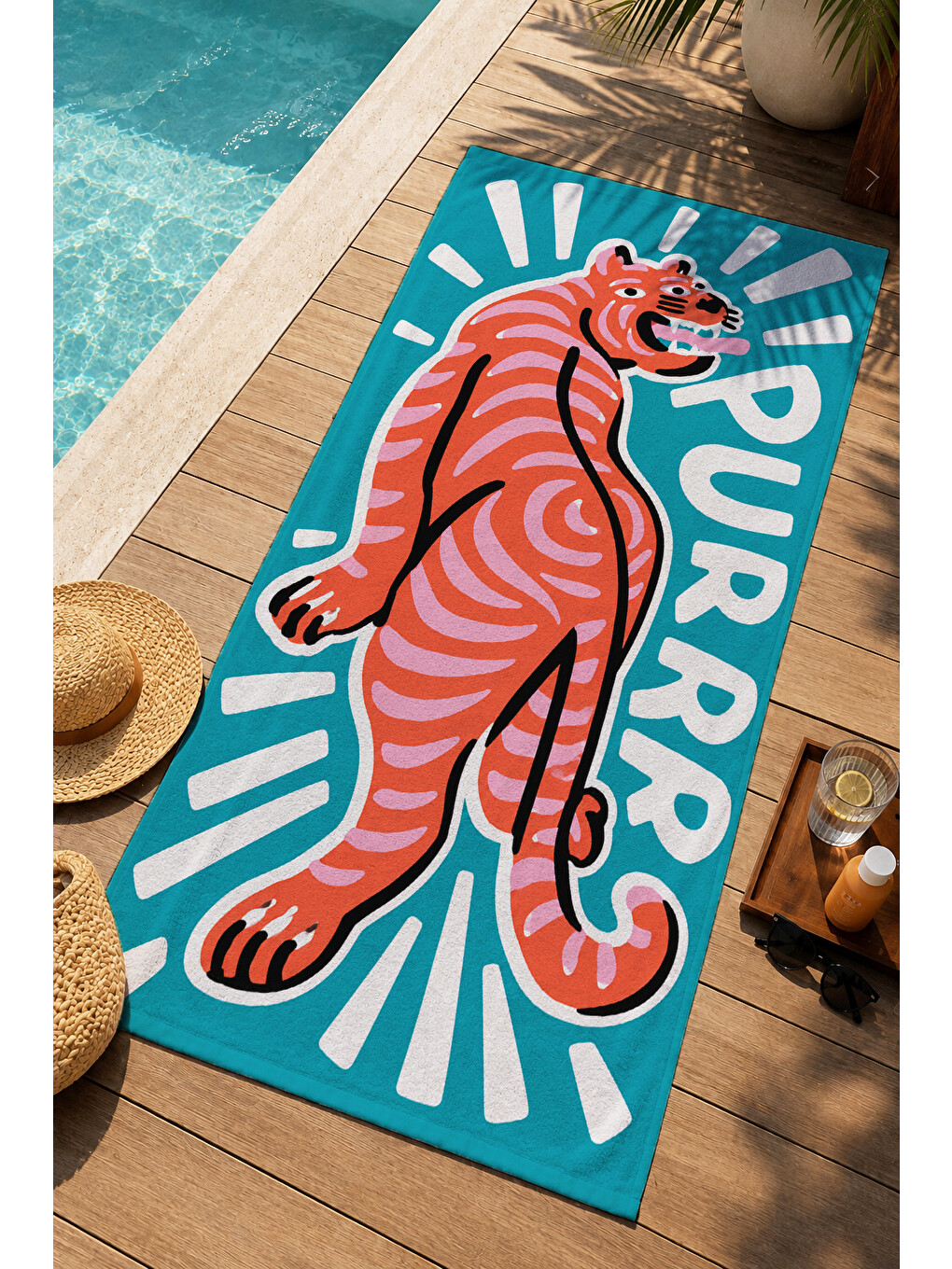 Retro Purr Yazılı Turuncu Kaplan Desenli 70x150 Plaj Havlusu - Dijital Baskılı Solmaz Banyo Havlusu-4