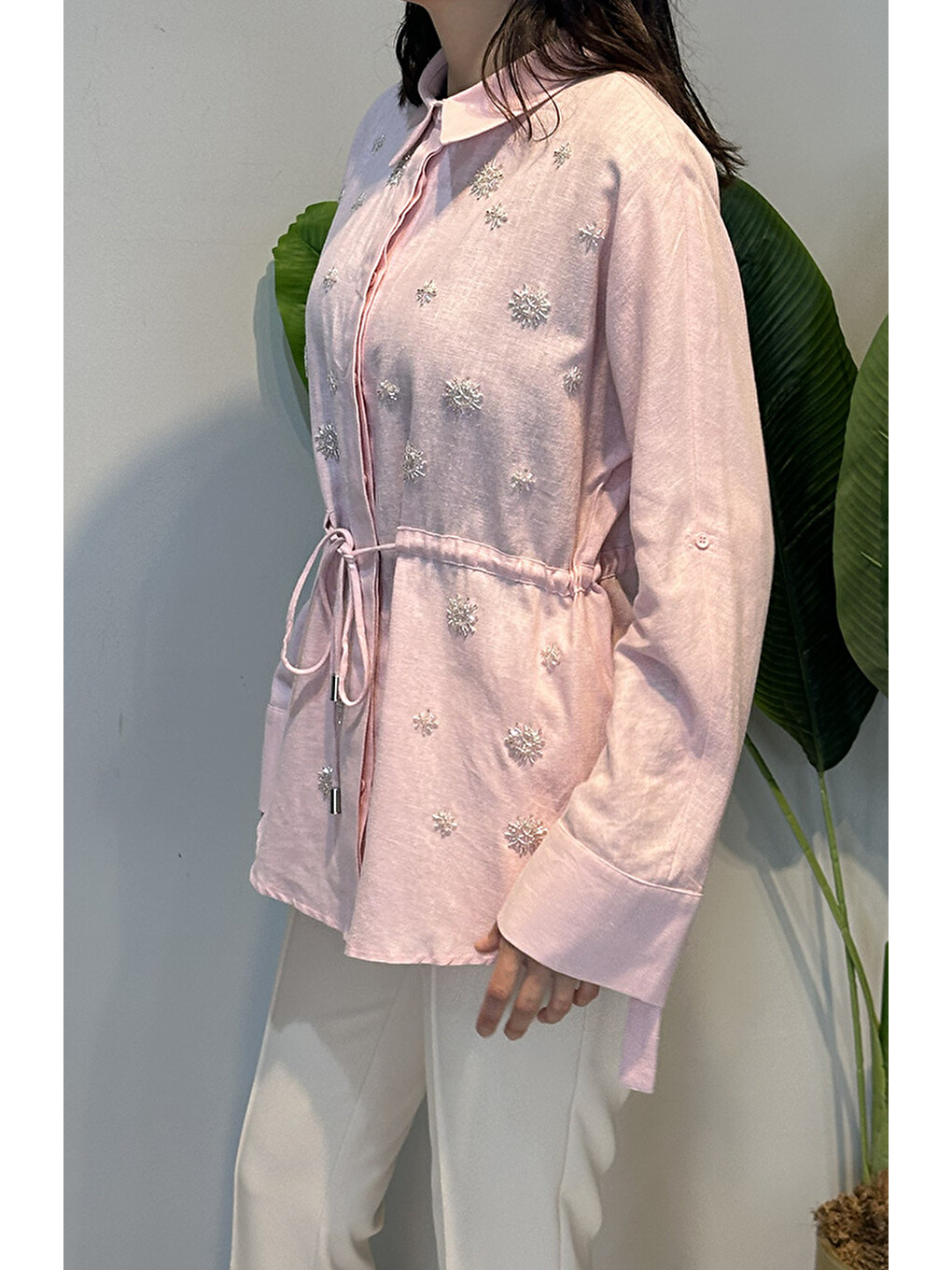 Üstü Boncuk İşlemeli Bel Kısmı İp Bağlamalı Stella Veil Gömlek 5265 Pembe-2