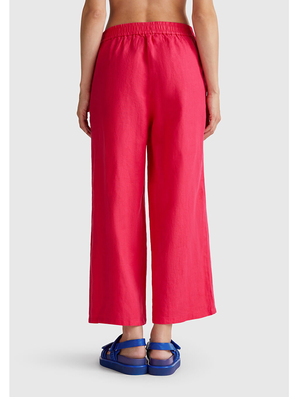 Kadın Fuşya %100 Keten Beli Lastikli Bol Kısa Paça Pantolon-2