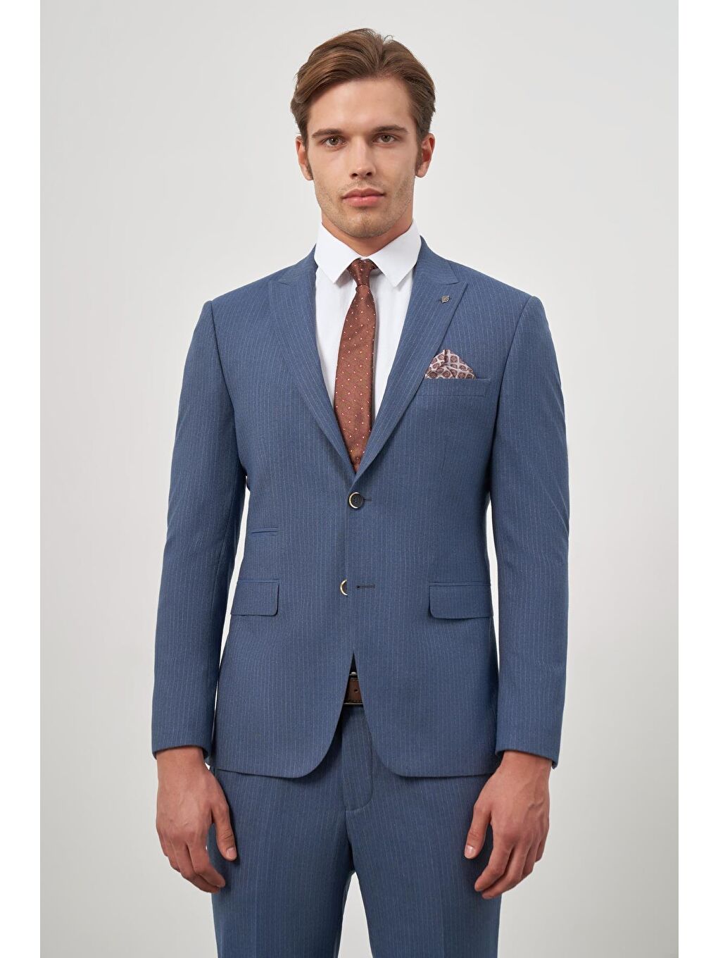 Lacivert Çizgili Mono Yaka Astarlı 6 Drop Slim Fit Dar Kesim Takım Elbise 1001245106-1