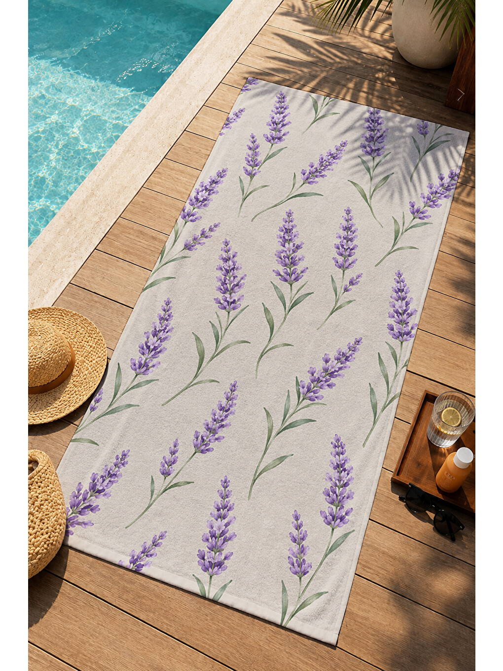 Lila Provence Lavanta Dalları Botanik Desenli 70x150 Plaj Havlusu - Dijital Baskılı Solmaz Banyo Havlusu-2