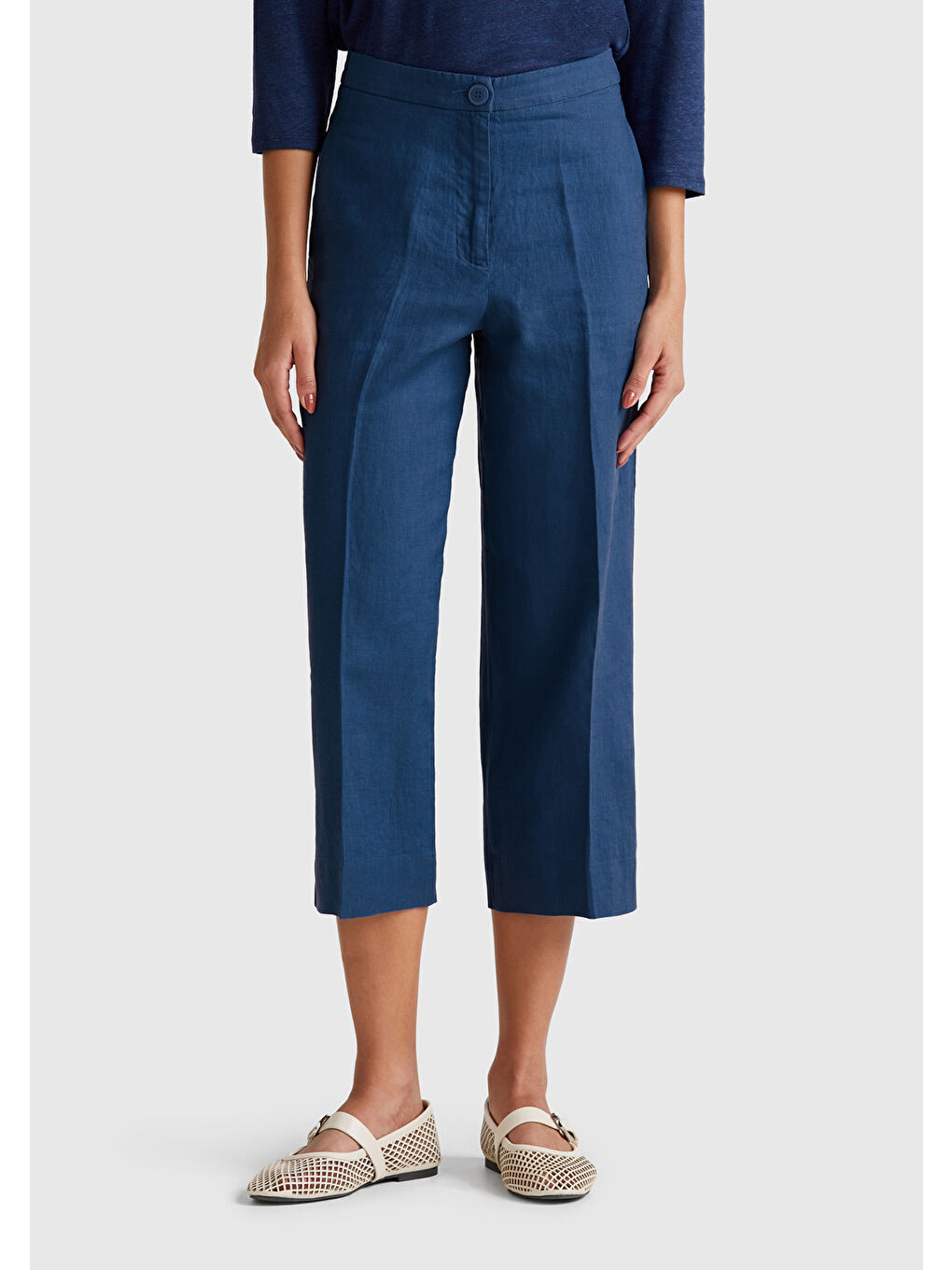 Mavi Kadın Denim %100 Keten Düğmeli Fermuarlı Paçası Kesik Kloş Pantolon