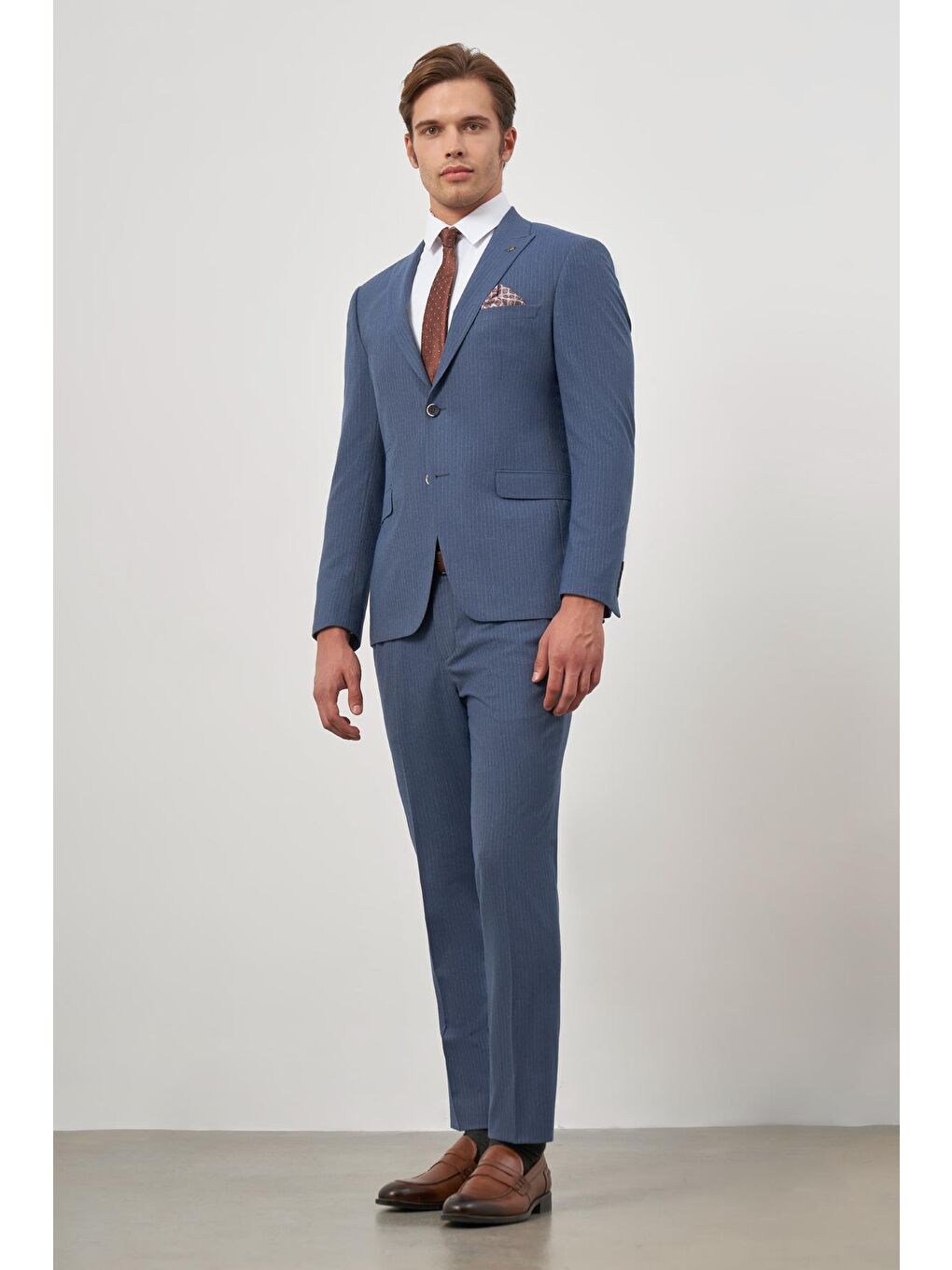 Lacivert Çizgili Mono Yaka Astarlı 6 Drop Slim Fit Dar Kesim Takım Elbise 1001245106-2