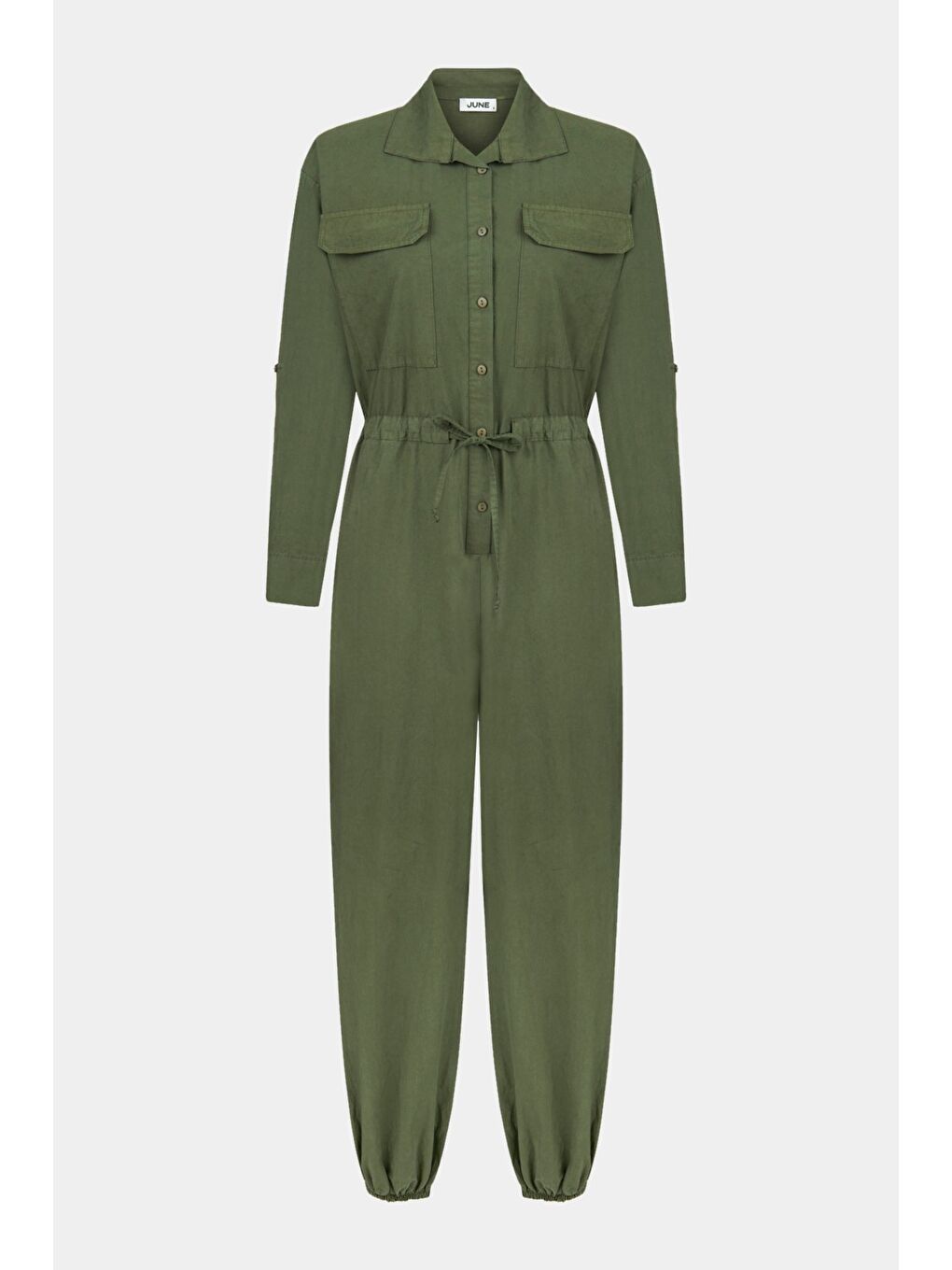 Haki Kadın %100 Pamuk Gömlek Yaka Kemerli Kısa Tulum