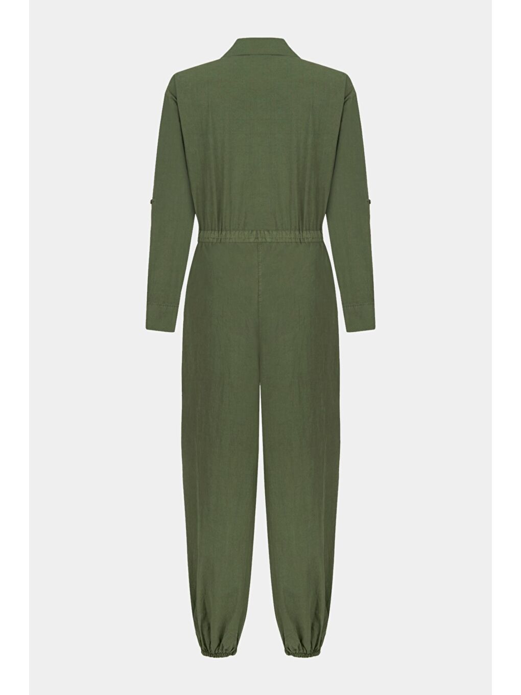 Haki Kadın %100 Pamuk Gömlek Yaka Kemerli Kısa Tulum-1