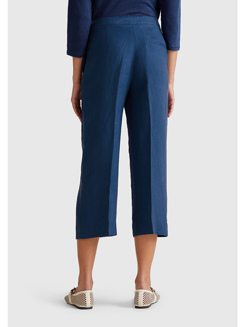 Mavi Kadın Denim %100 Keten Düğmeli Fermuarlı Paçası Kesik Kloş Pantolon-2