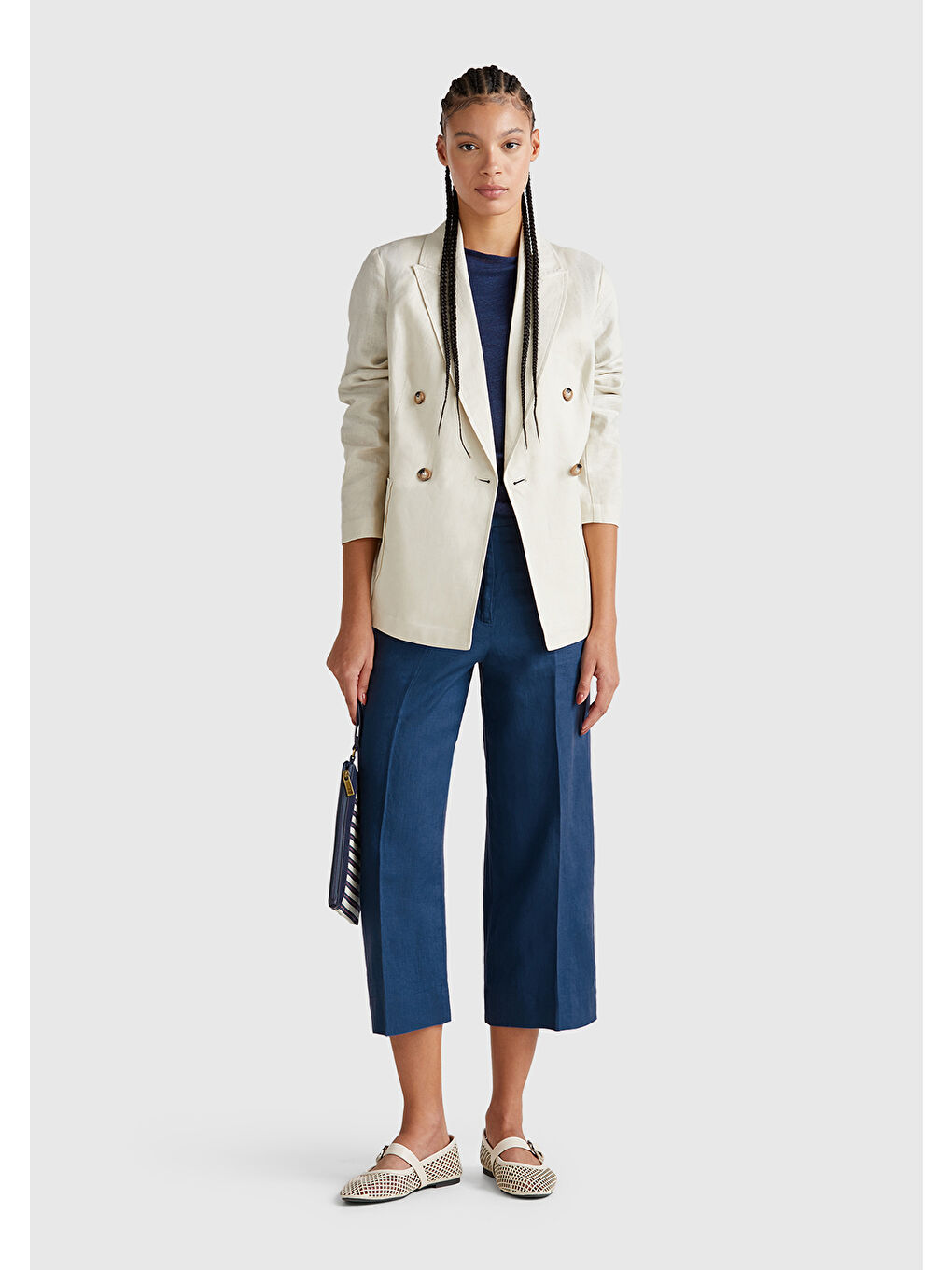 Mavi Kadın Denim %100 Keten Düğmeli Fermuarlı Paçası Kesik Kloş Pantolon-4