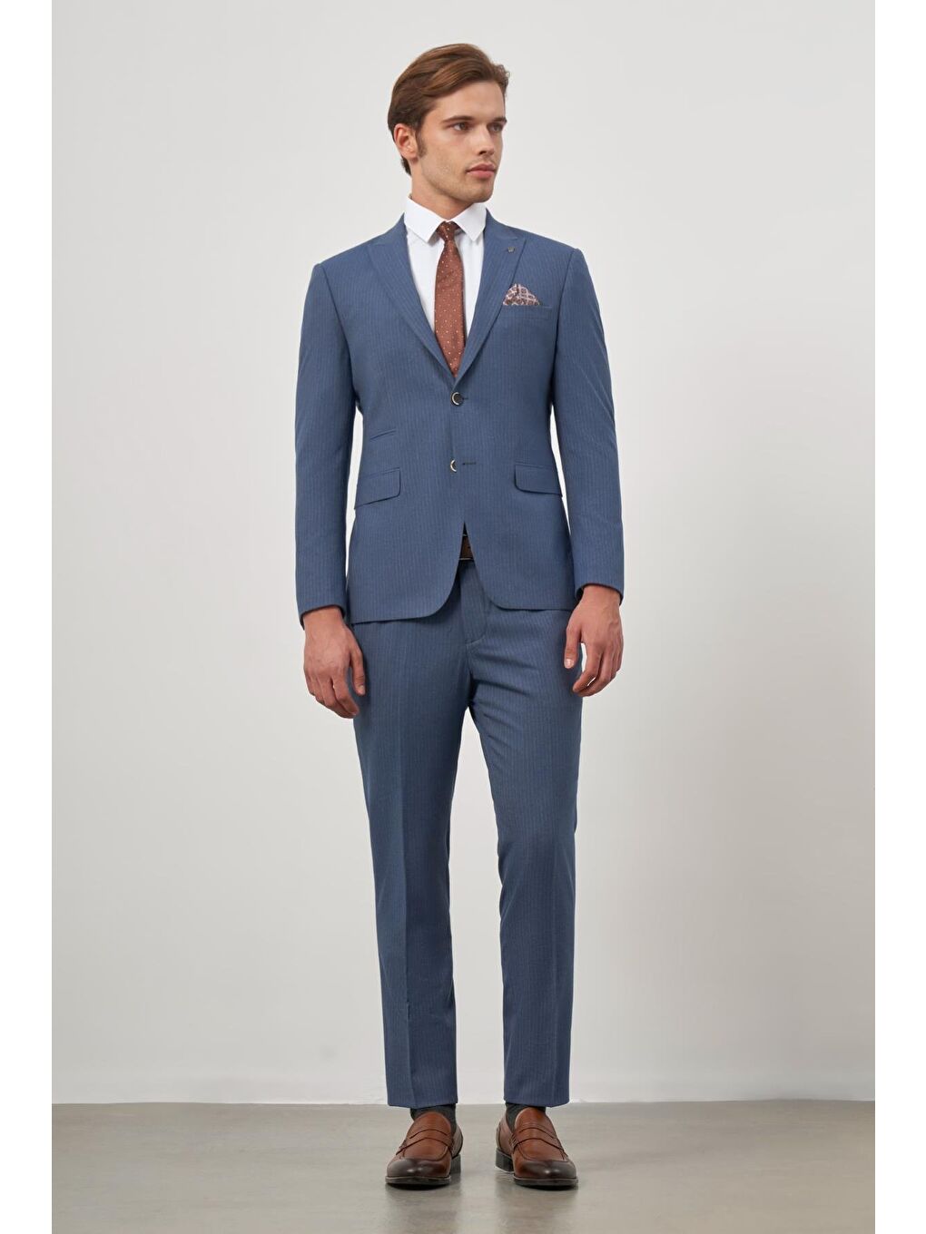 Lacivert Çizgili Mono Yaka Astarlı 6 Drop Slim Fit Dar Kesim Takım Elbise 1001245106-3