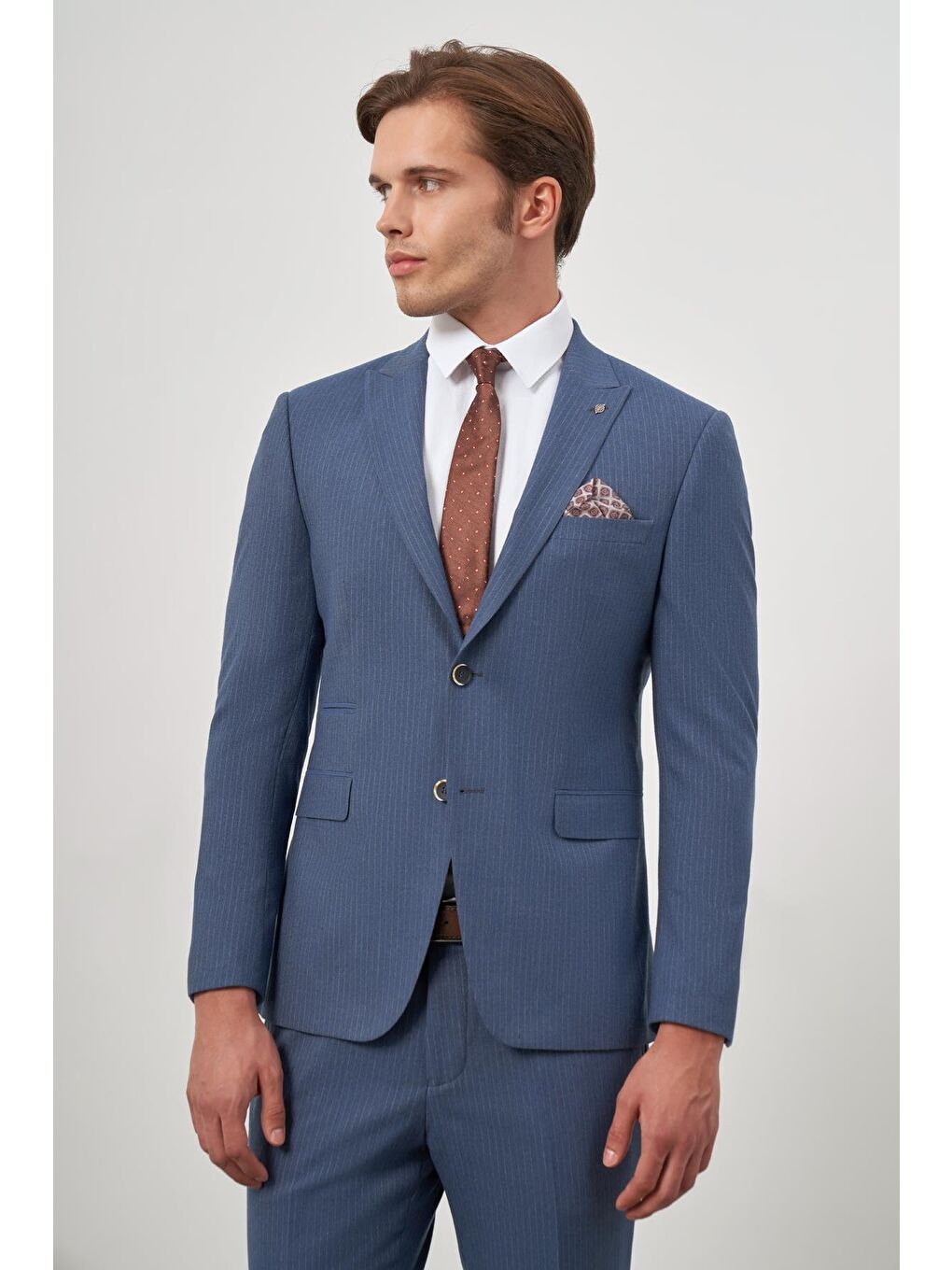 Lacivert Çizgili Mono Yaka Astarlı 6 Drop Slim Fit Dar Kesim Takım Elbise 1001245106-4