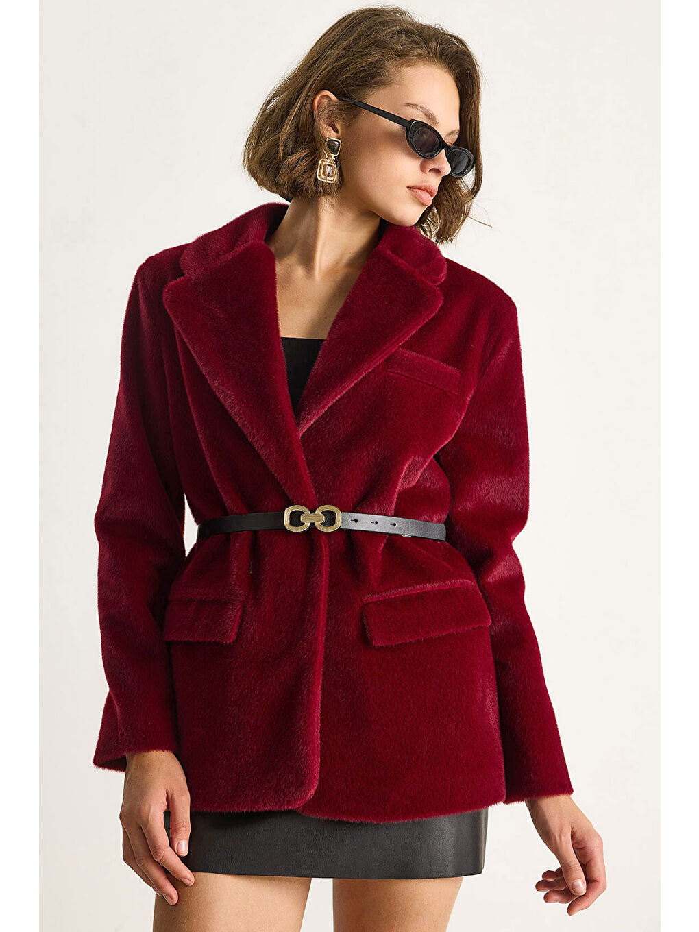 Bordo Kadın Cep Detaylı Astarlı Kemerli Pelüş Dokulu Blazer Ceket