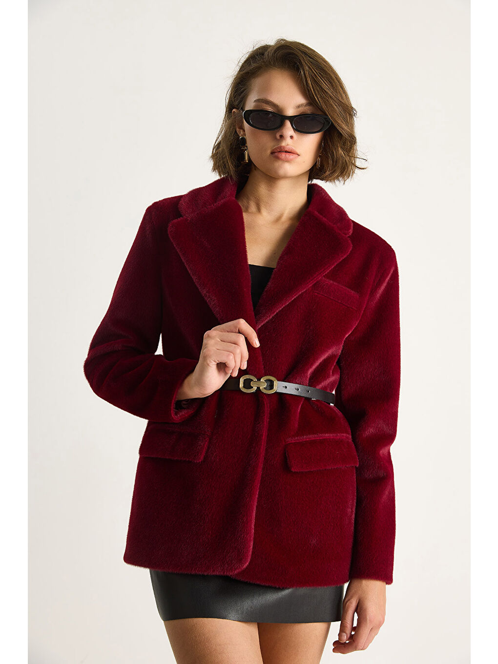 Bordo Kadın Cep Detaylı Astarlı Kemerli Pelüş Dokulu Blazer Ceket-2