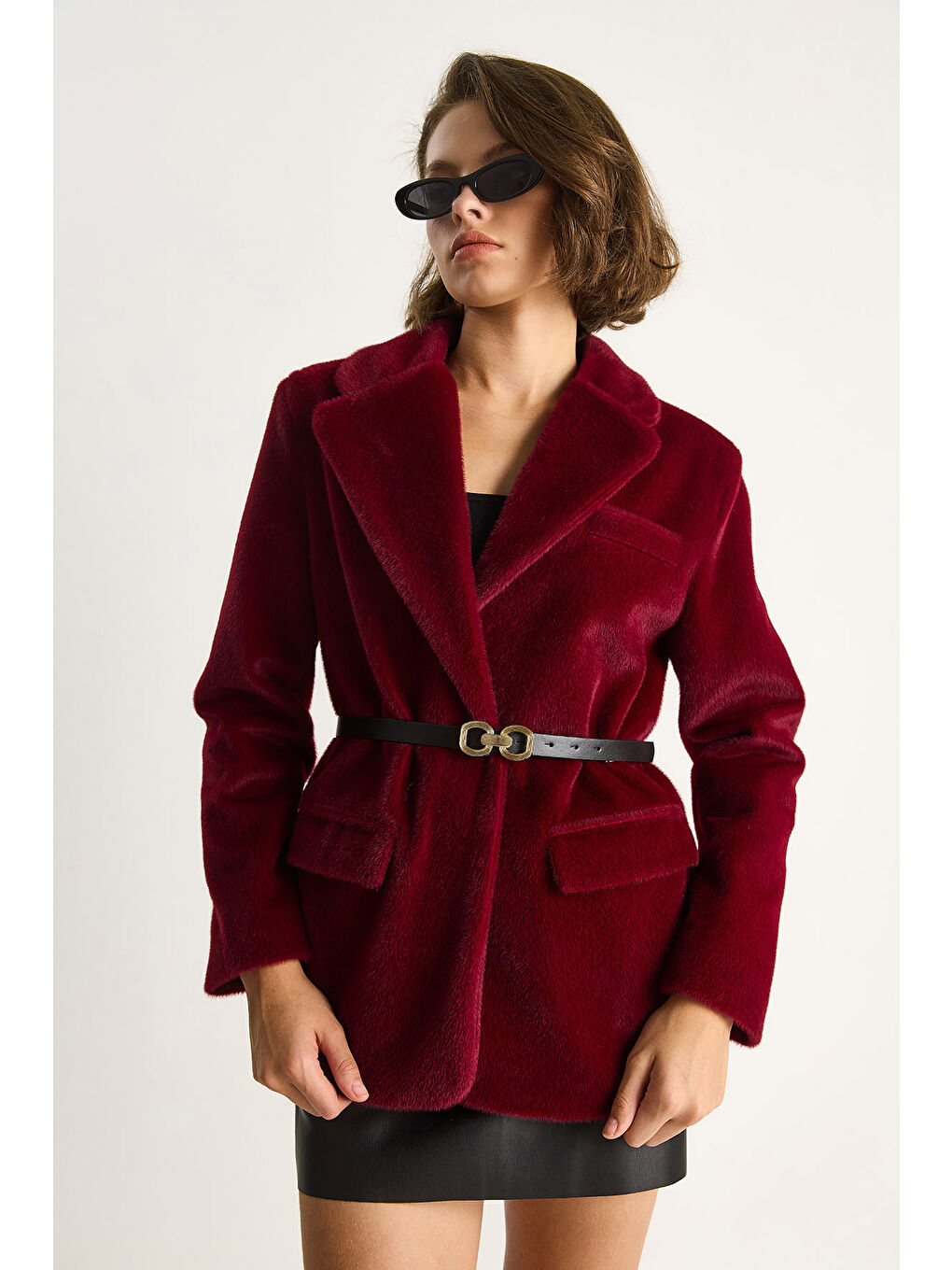 Bordo Kadın Cep Detaylı Astarlı Kemerli Pelüş Dokulu Blazer Ceket-4