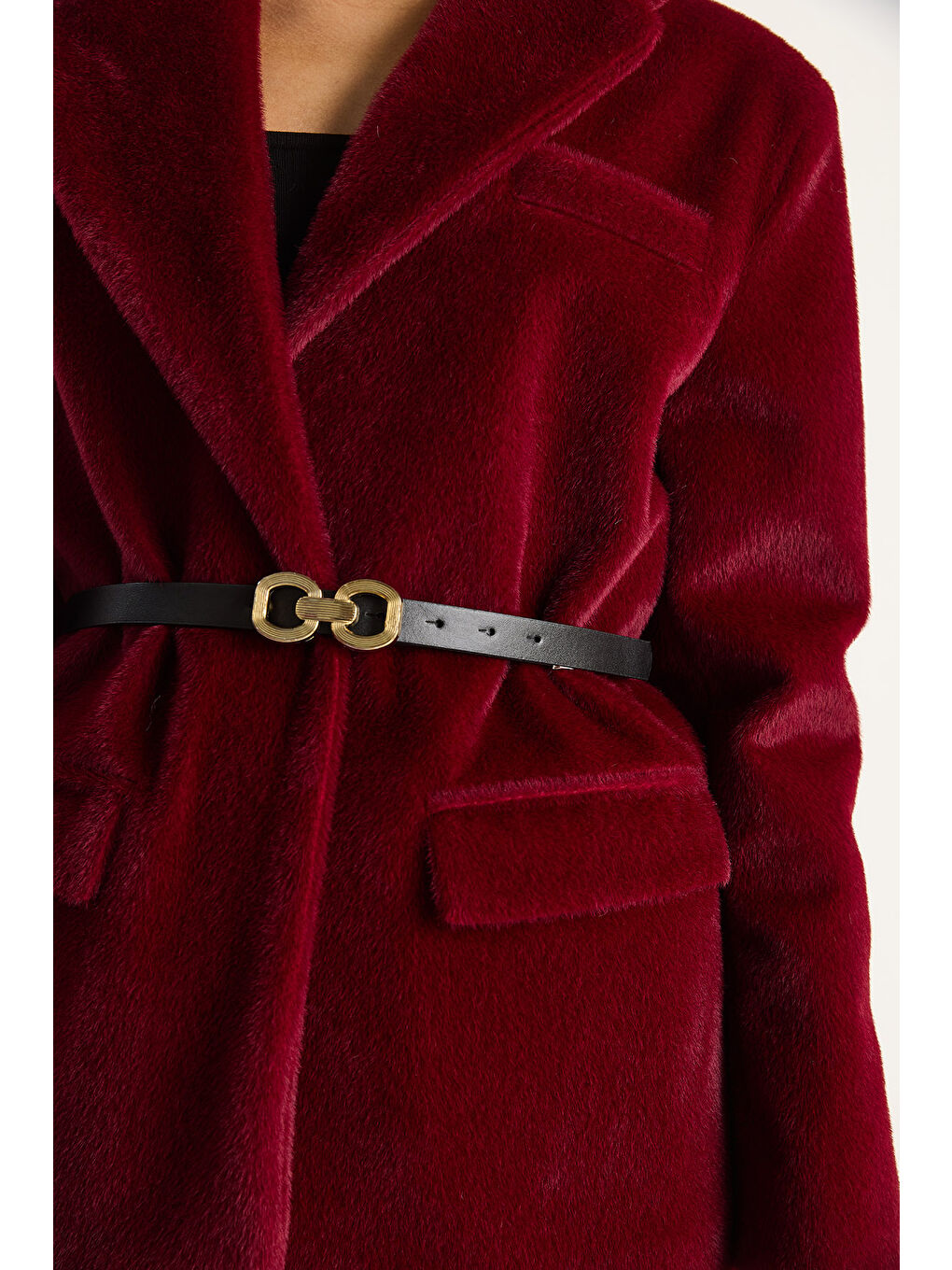 Bordo Kadın Cep Detaylı Astarlı Kemerli Pelüş Dokulu Blazer Ceket-5