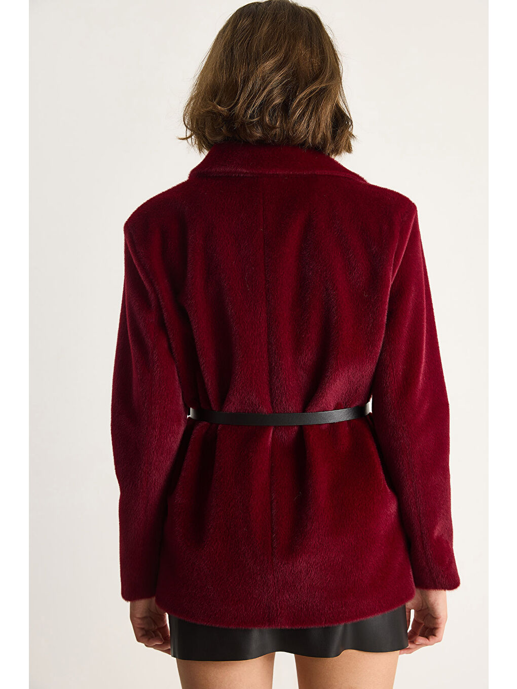 Bordo Kadın Cep Detaylı Astarlı Kemerli Pelüş Dokulu Blazer Ceket-6