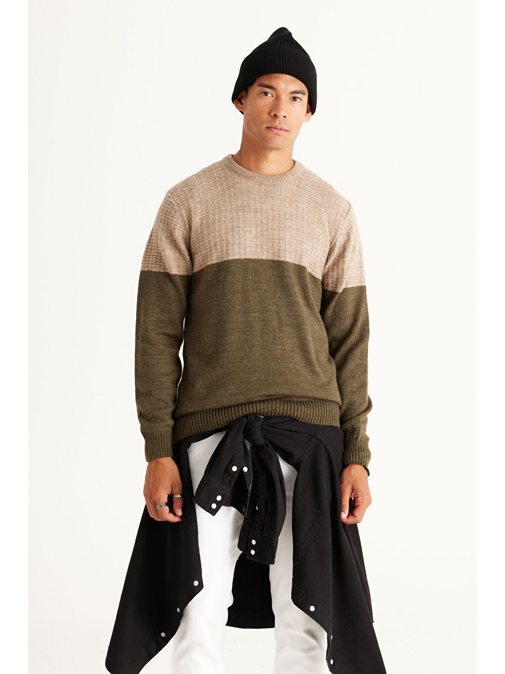 Erkek Bej-Haki Standart Fit Normal Kesim Bisiklet Yaka ColorBlok Desenli Triko