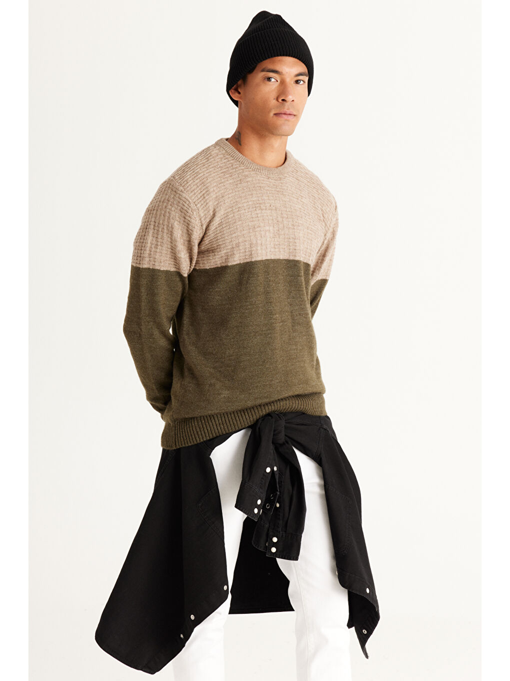 Erkek Bej-Haki Standart Fit Normal Kesim Bisiklet Yaka ColorBlok Desenli Triko-1