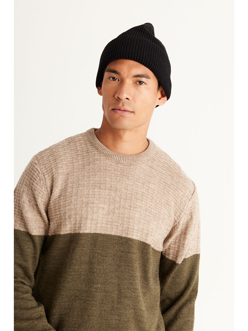 Erkek Bej-Haki Standart Fit Normal Kesim Bisiklet Yaka ColorBlok Desenli Triko-2