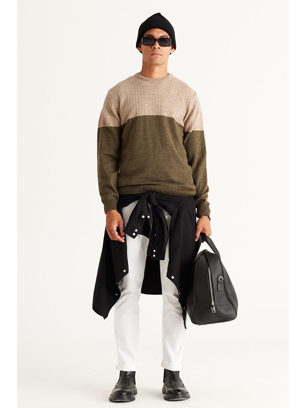 Erkek Bej-Haki Standart Fit Normal Kesim Bisiklet Yaka ColorBlok Desenli Triko-3