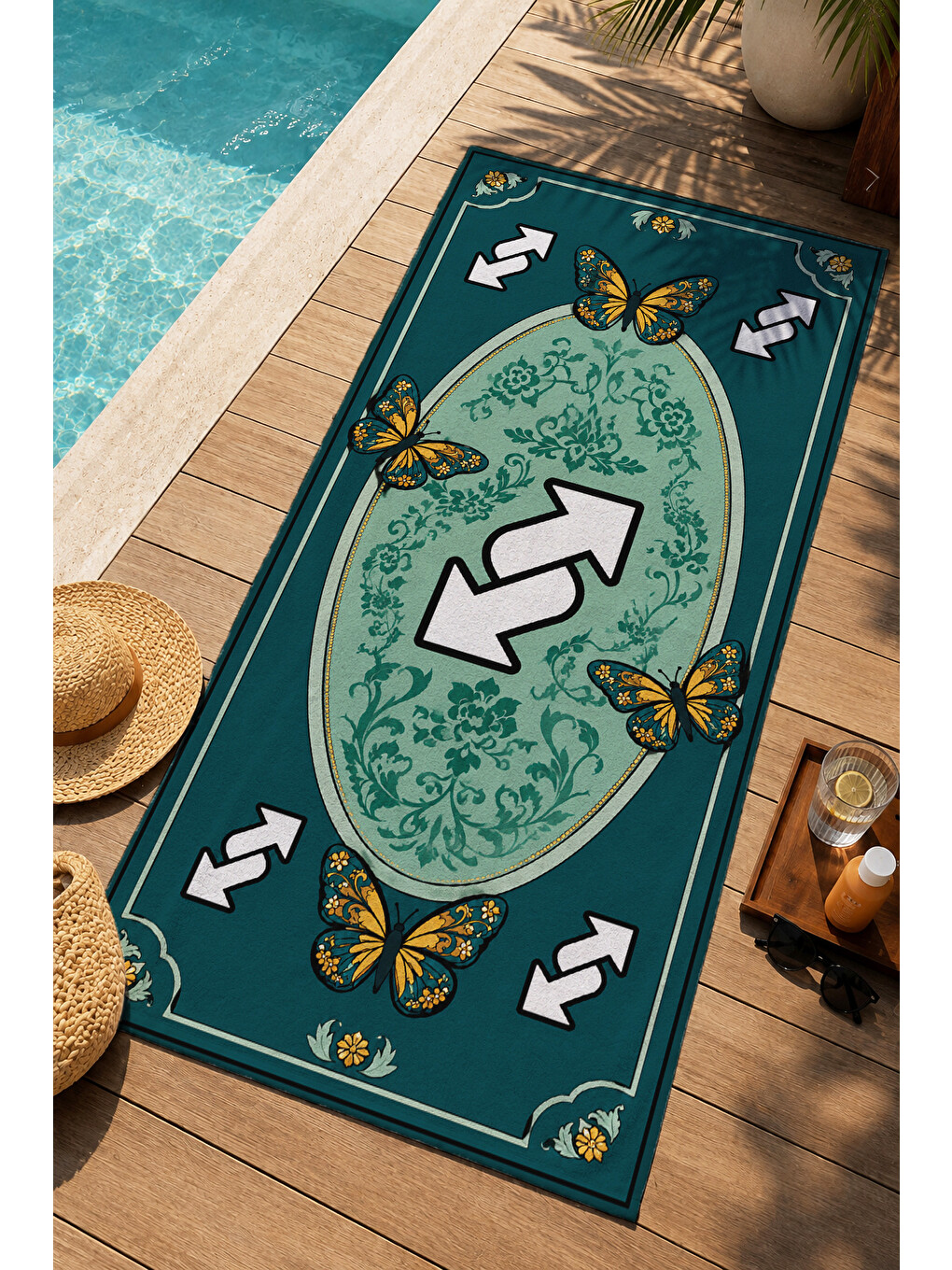 Bej Vintage Tarot Kelebek Ve Ok Motifli Desenli 70x150 Plaj Havlusu - Dijital Baskılı Banyo Havlusu-1