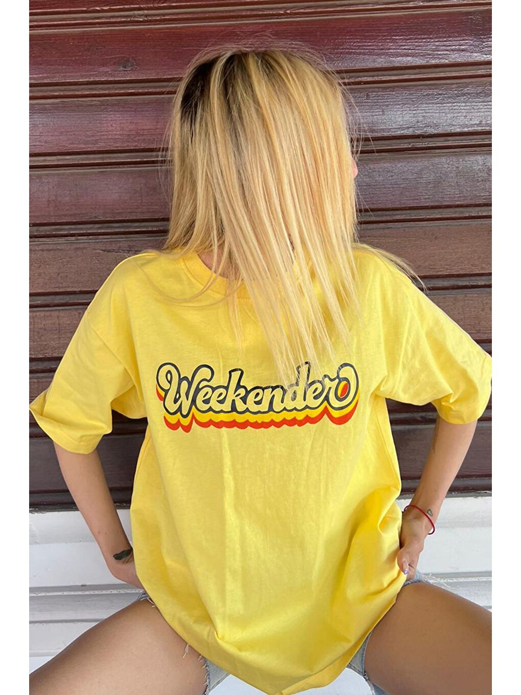 Sarı Baskılı Oversize Yuvarlak Yaka Kadın Tişört-5