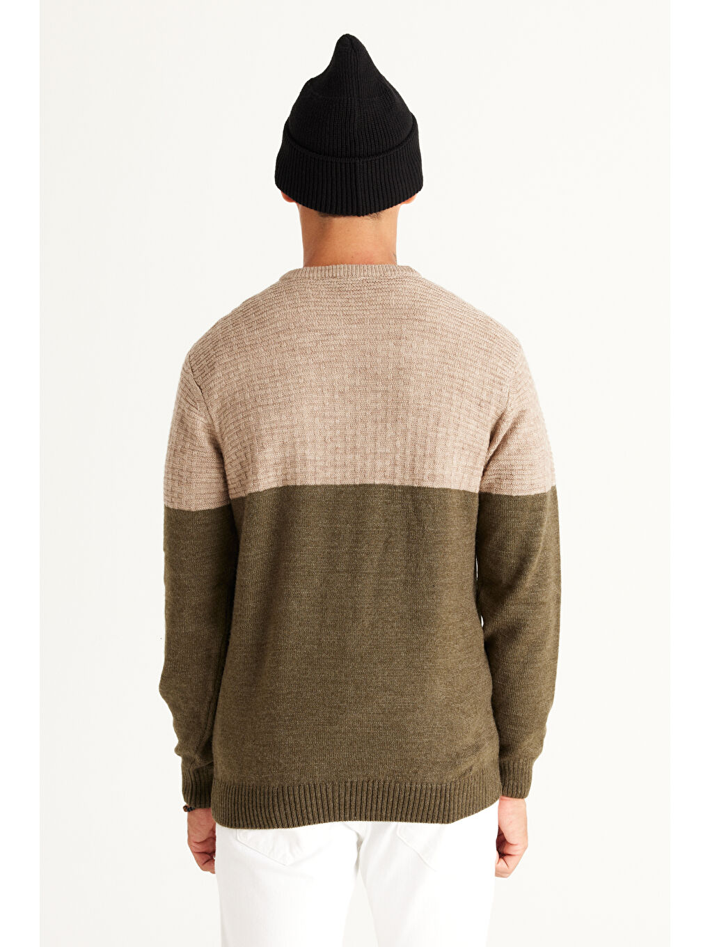 Erkek Bej-Haki Standart Fit Normal Kesim Bisiklet Yaka ColorBlok Desenli Triko-4