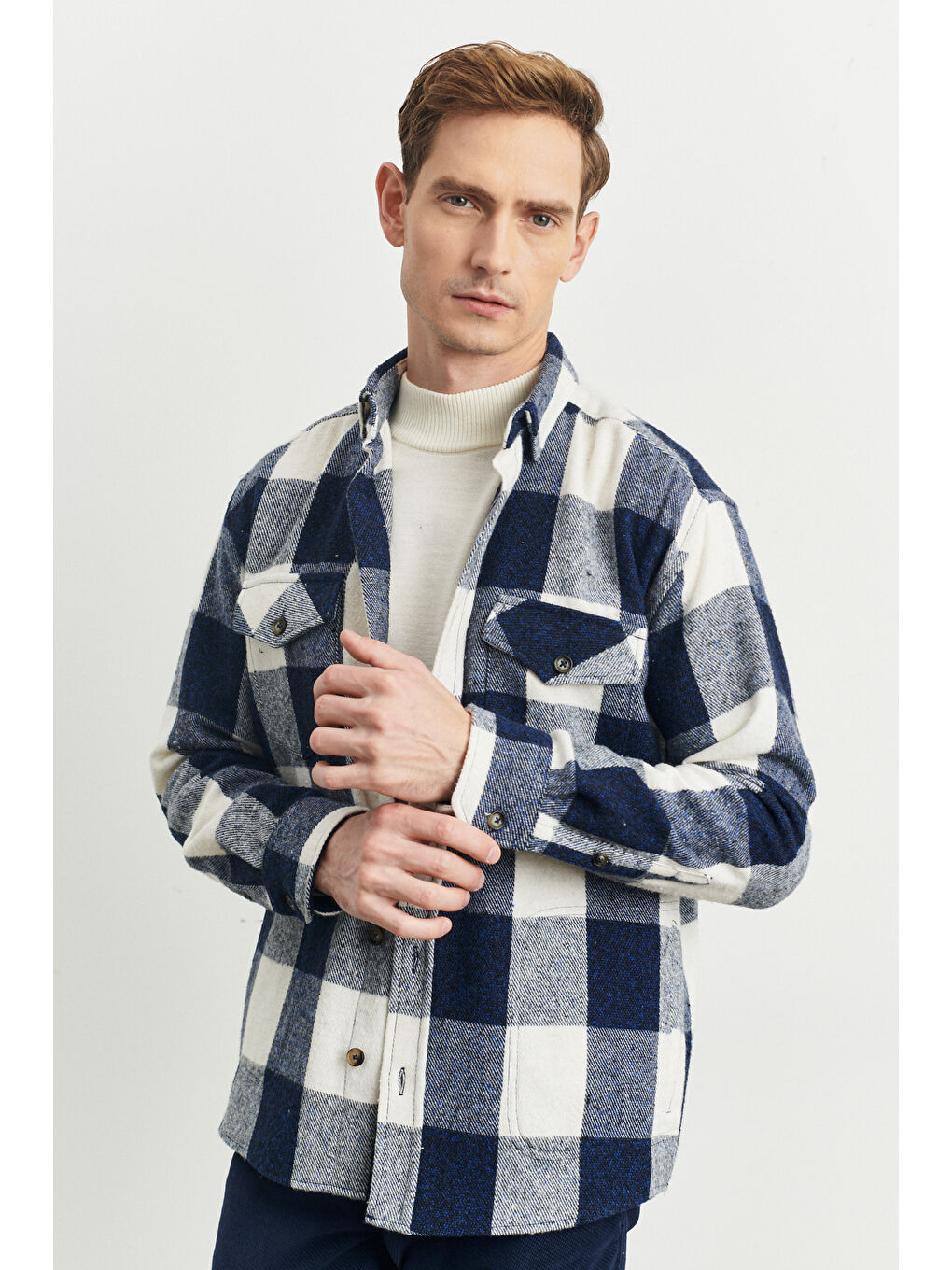 Erkek Mavi-Ekru Oversize Fit Geniş Kesim Gizli Düğmeli Yaka Kareli Oduncu Gömlek Ceket