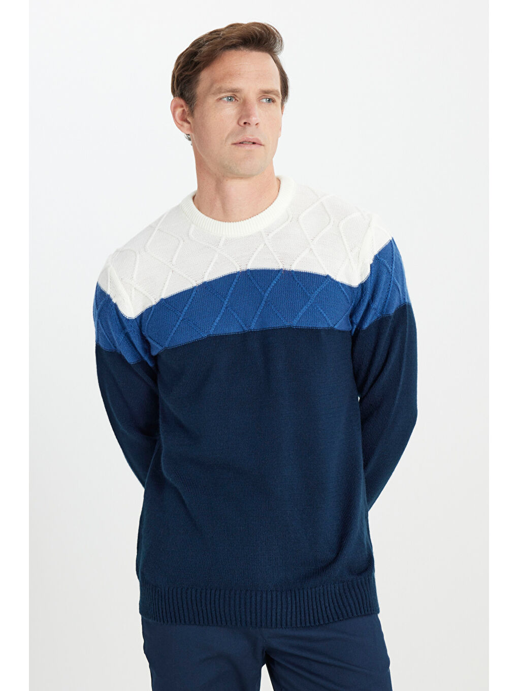 Erkek Ekru-Lacivert Standart Fit Normal Kesim Bisiklet Yaka Colorblock Desenli Triko Kazak-2