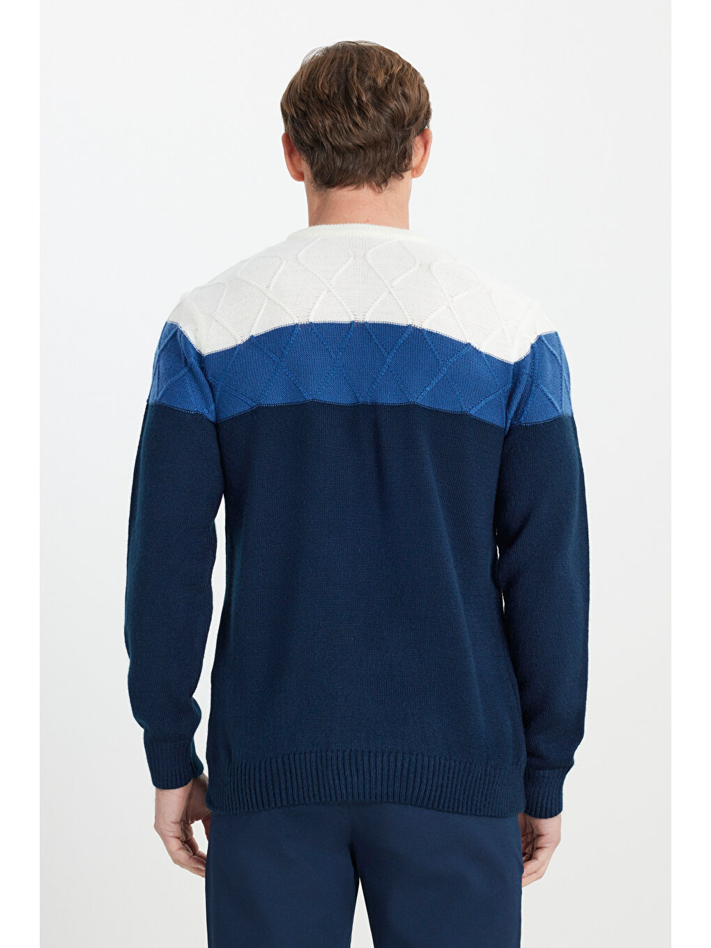 Erkek Ekru-Lacivert Standart Fit Normal Kesim Bisiklet Yaka Colorblock Desenli Triko Kazak-4