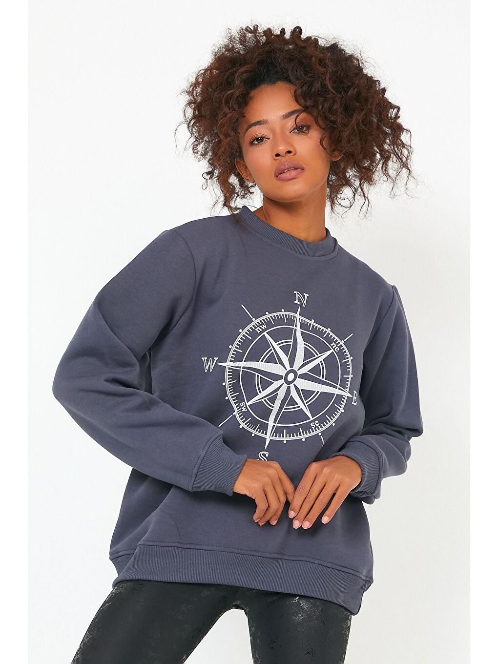 Gri Store Kadın Sweatshirt Içi Polarlı Baskılı Oversize Outdoor Sweatshirt