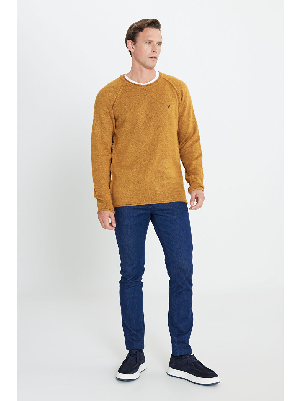 Sarı Erkek Hardal Standart Fit Normal Kesim Bisiklet Yaka Triko Kazak-1