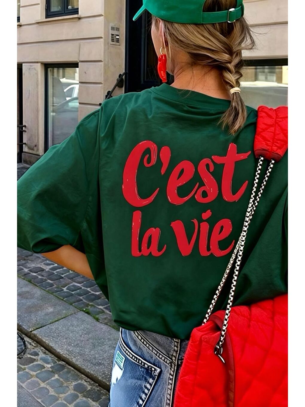 Yeşil C'est La Vie Yazılı Oversize Kadın T-shirt