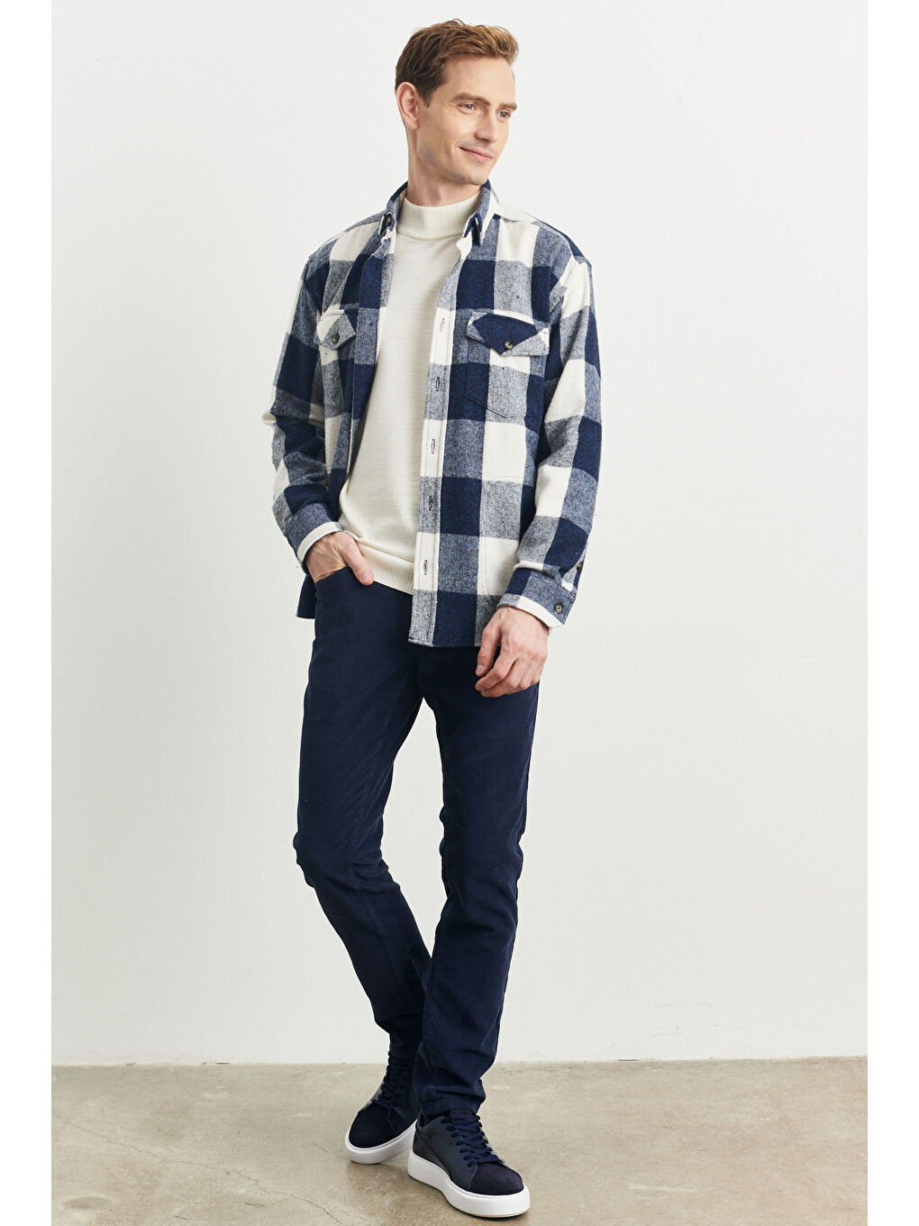 Erkek Mavi-Ekru Oversize Fit Geniş Kesim Gizli Düğmeli Yaka Kareli Oduncu Gömlek Ceket-1