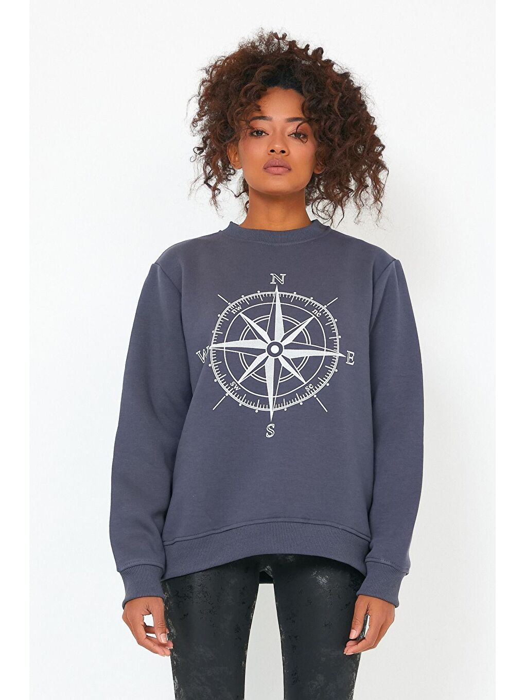 Gri Store Kadın Sweatshirt Içi Polarlı Baskılı Oversize Outdoor Sweatshirt-2