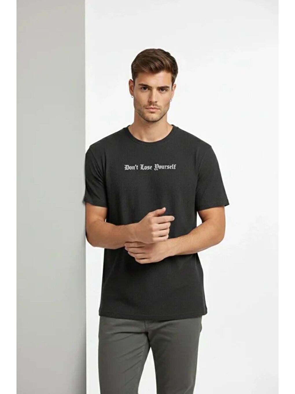 Siyah Erkek Waffle Kumaş Tişört-1