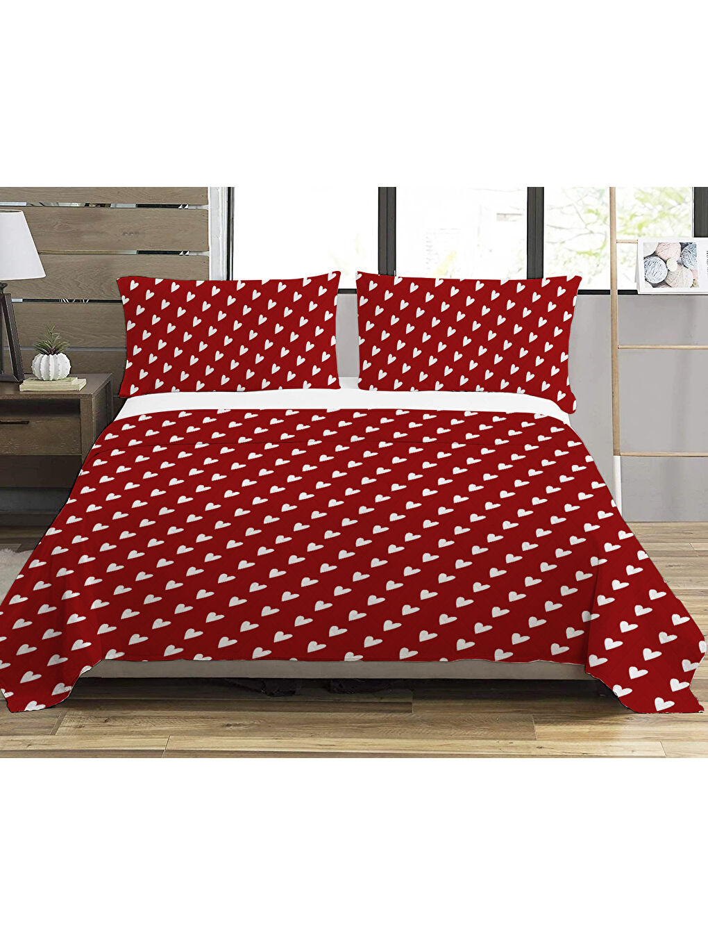 Karışık Kalp Desenli Baskılı Çift Kişilik Baskılı Pike  200x220 Cm