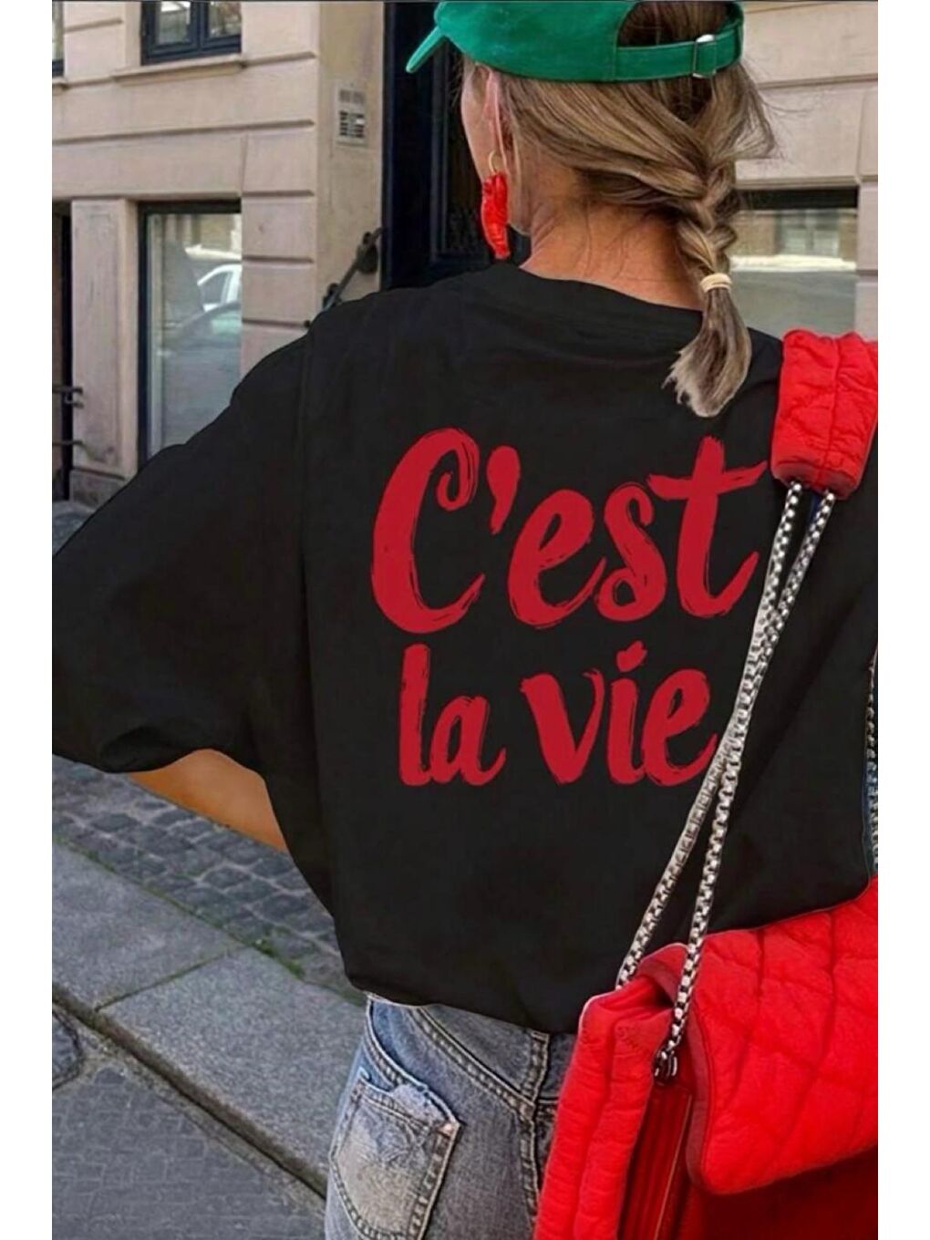 Siyah C'est La Vie Yazılı Oversize Kadın T-shirt