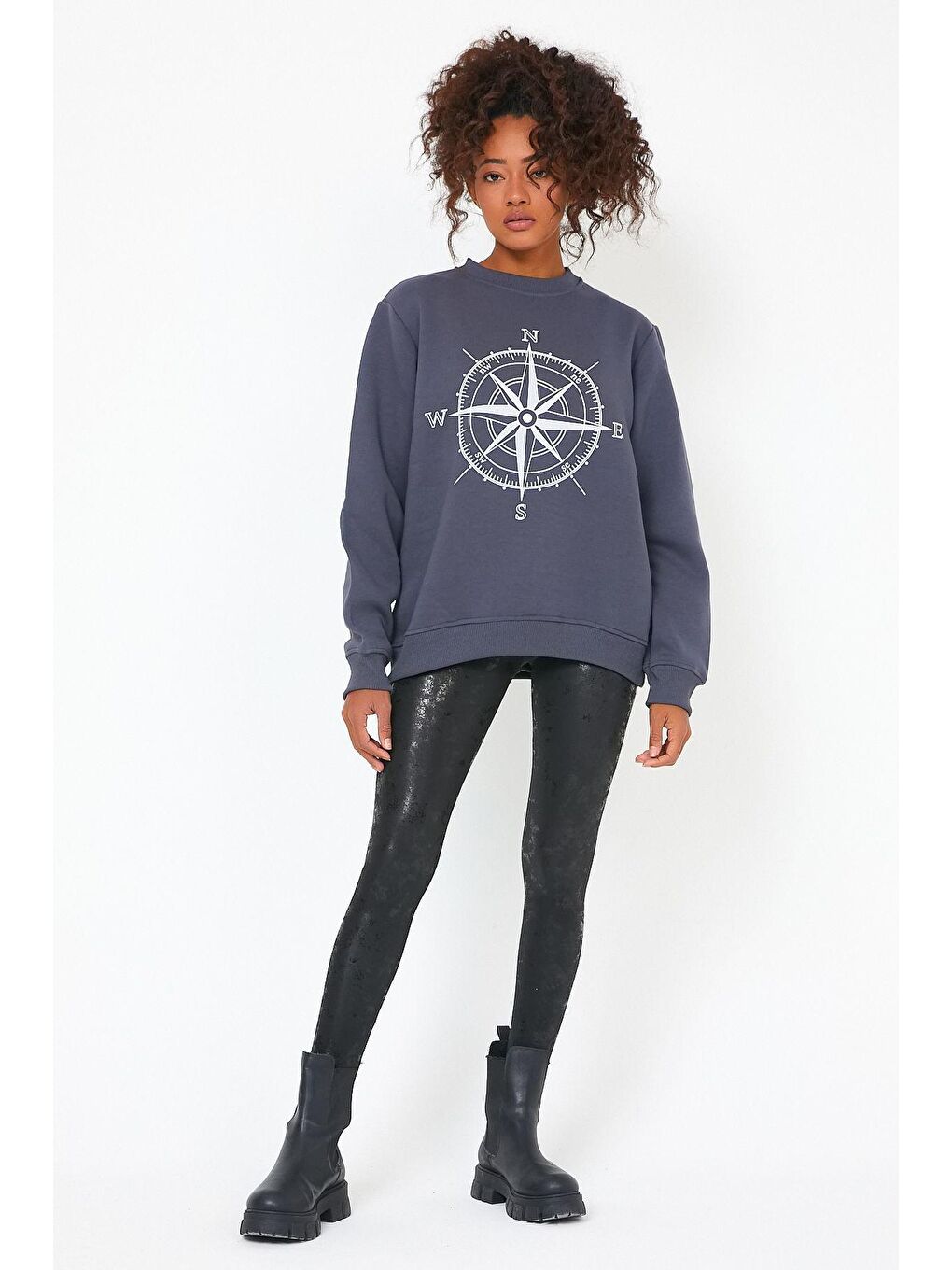 Gri Store Kadın Sweatshirt Içi Polarlı Baskılı Oversize Outdoor Sweatshirt-3