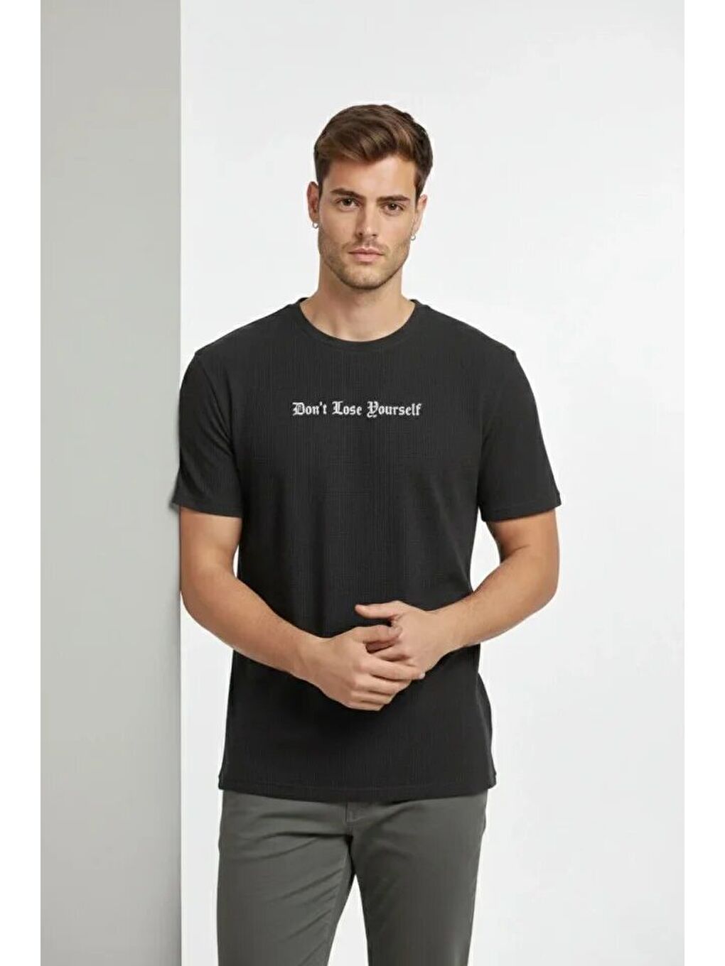 Siyah Erkek Waffle Kumaş Tişört-2