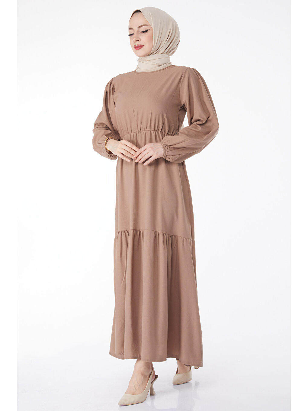 Bej Beli Bağcıklı Elbise Vizon - 27303-1