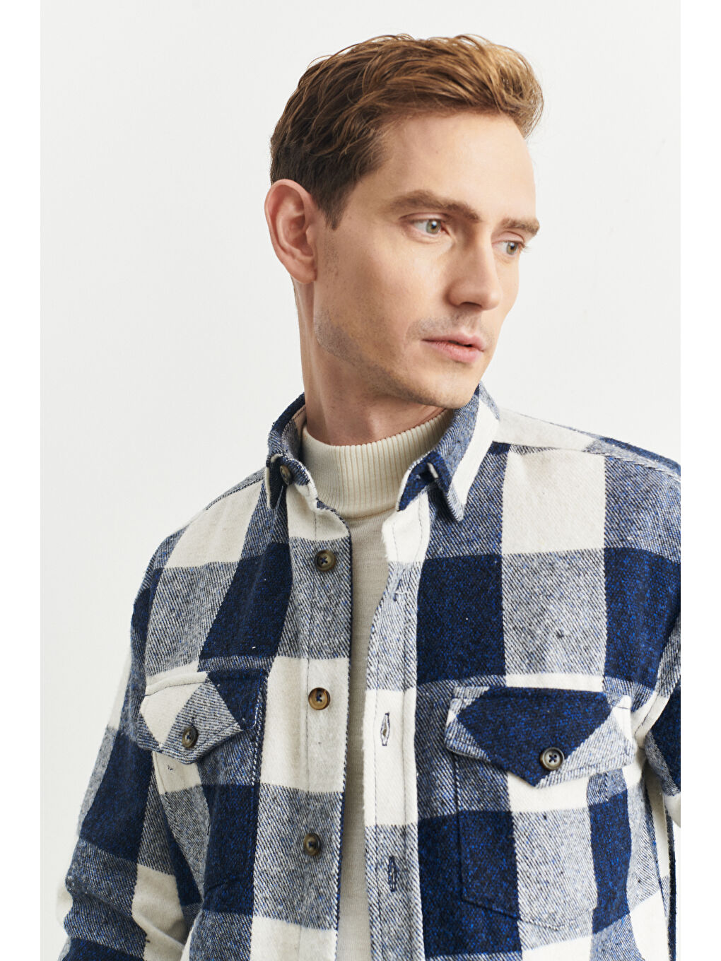 Erkek Mavi-Ekru Oversize Fit Geniş Kesim Gizli Düğmeli Yaka Kareli Oduncu Gömlek Ceket-2